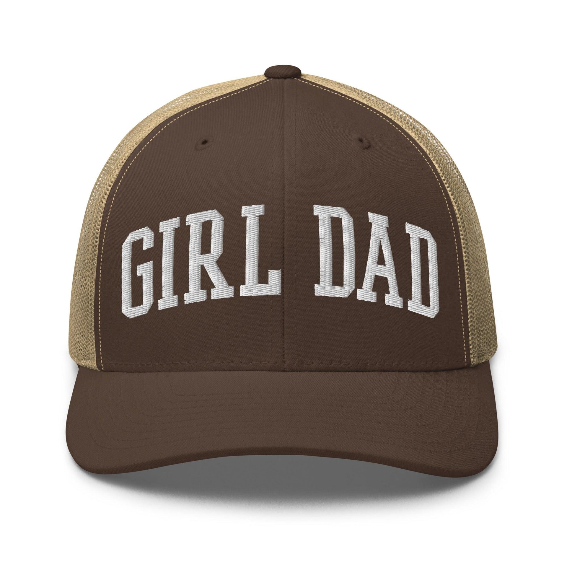 Girl Dad Varsity Letterman Embroidered Mesh Trucker Hat Brown Khaki Capital Crowns Dad Hats Funny Trucker Hats