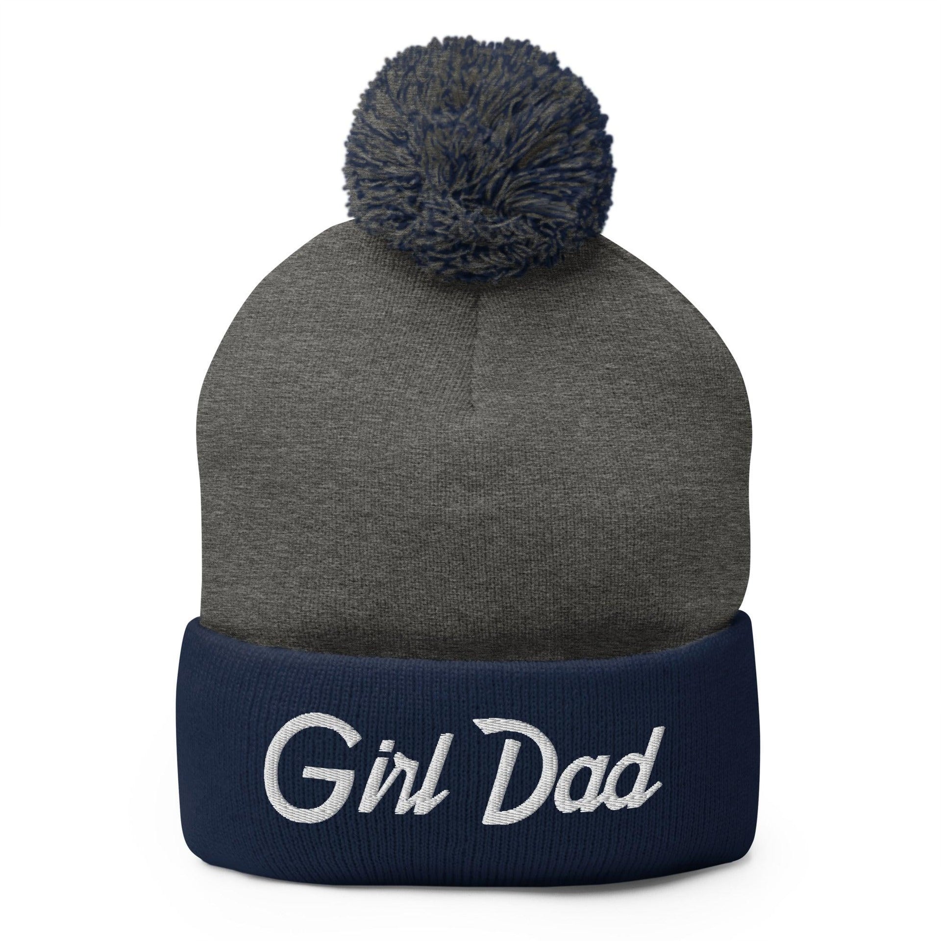 Girl Dad Vintage Sports Script Embroidered Knit Pom Pom Beanie Dark Heather Grey Navy Beanies Capital Crowns Dad Hats Funny