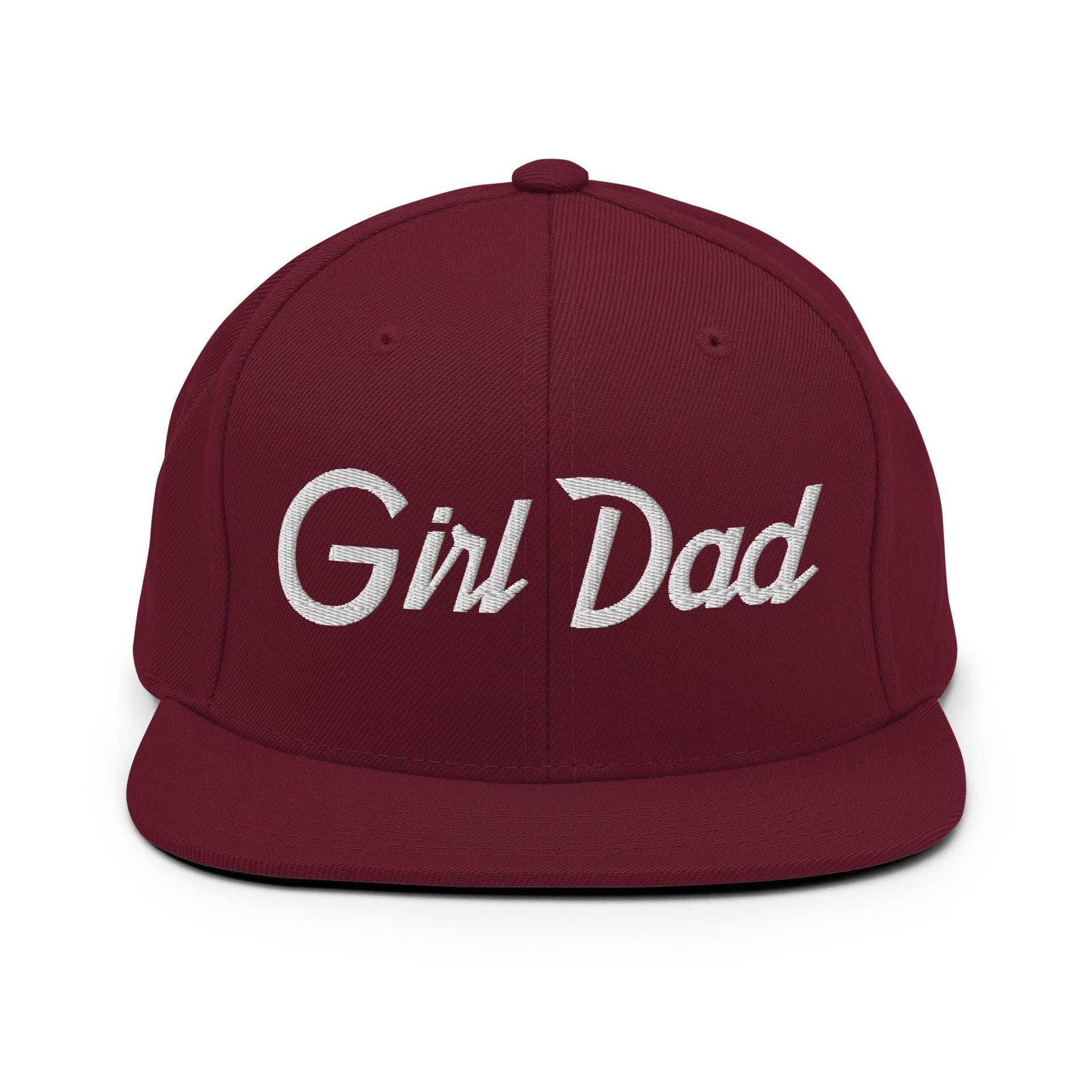 Girl Dad Vintage Sports Script Flat Bill Brim Snapback Hat Maroon Capital Crowns Dad Hats Funny Snapback Hats