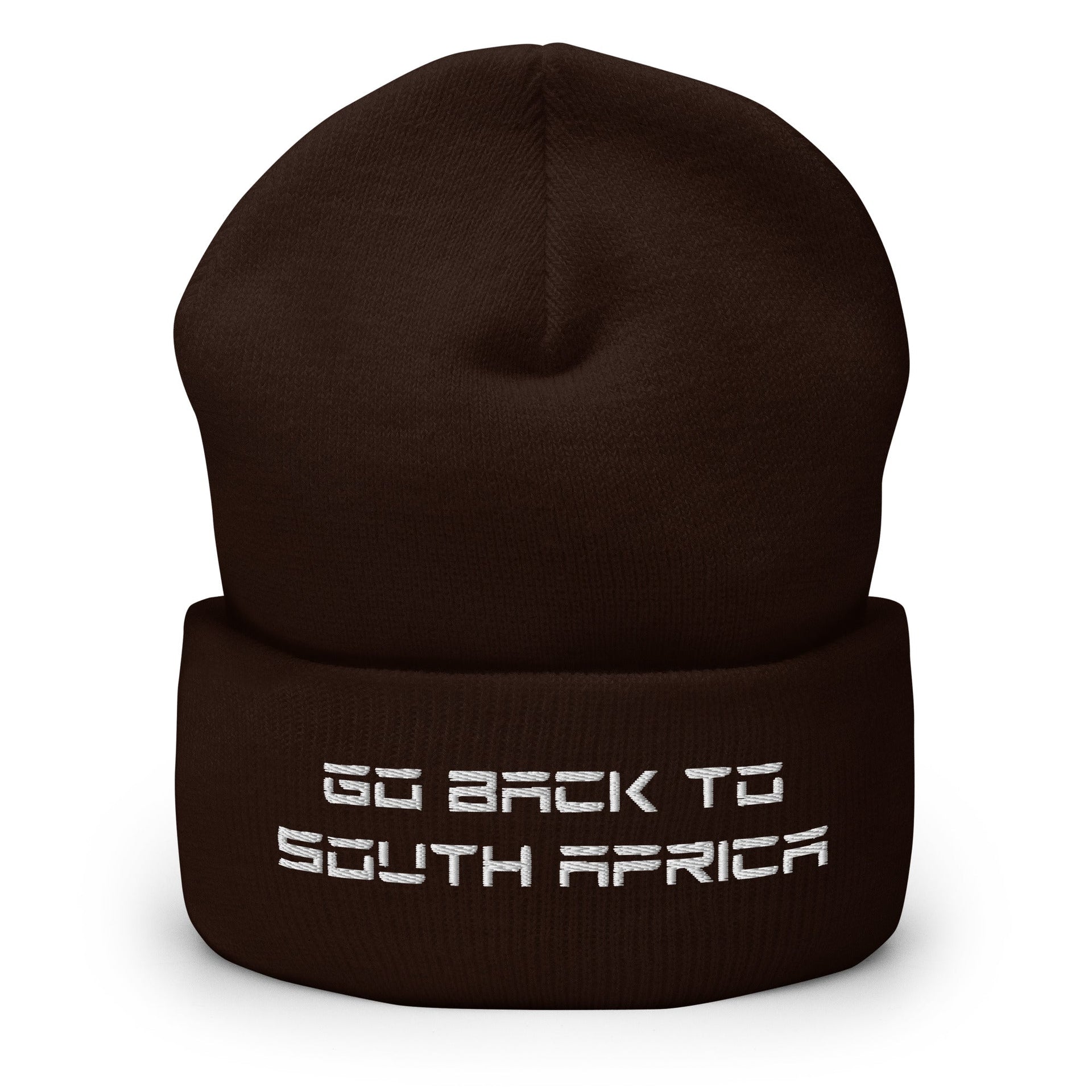 Go Back to South Africa Elon Musk Embroidered Cuffed Knit Beanie Brown Beanies Capital Crowns Liberal