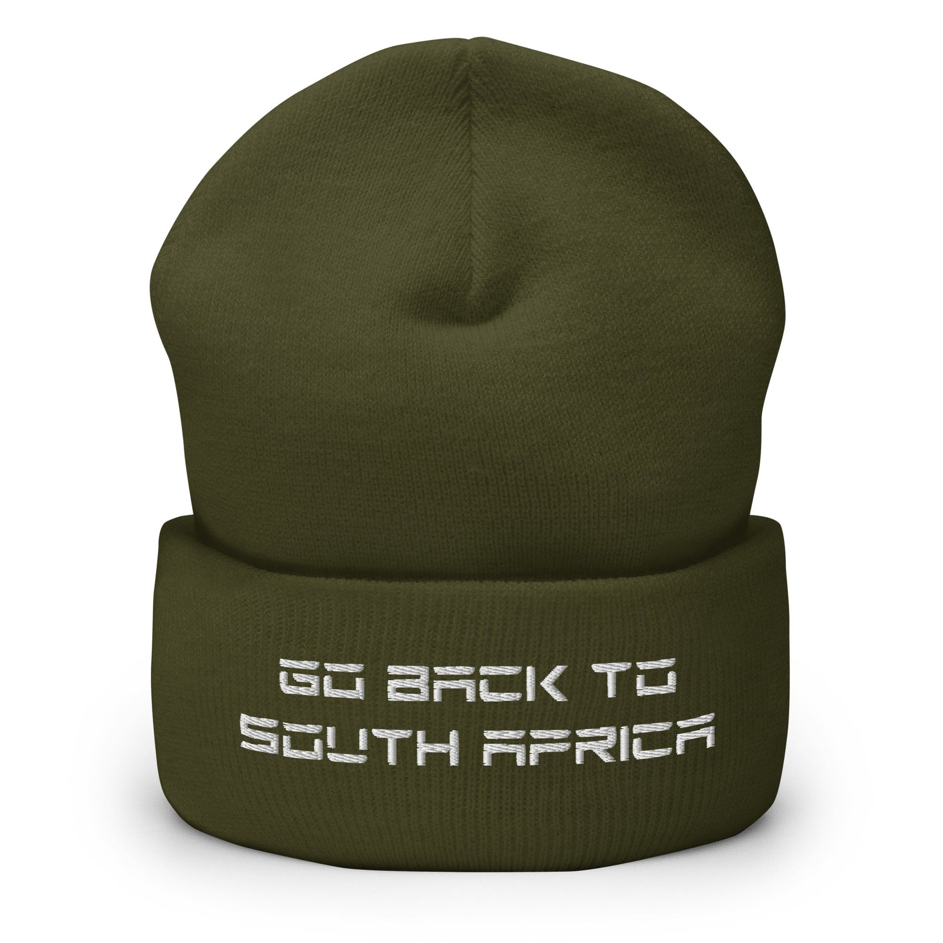 Go Back to South Africa Elon Musk Embroidered Cuffed Knit Beanie Olive Beanies Capital Crowns Liberal