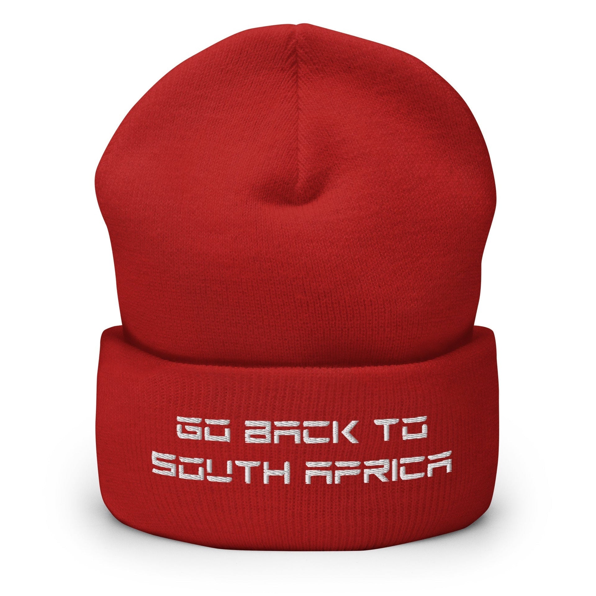 Go Back to South Africa Elon Musk Embroidered Cuffed Knit Beanie Red Beanies Capital Crowns Liberal