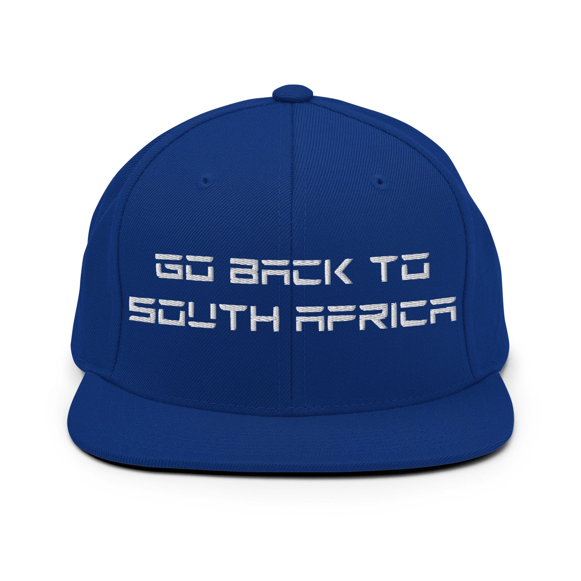 Go Back to South Africa Elon Musk Embroidered Flat Brim Bill Snapback Hat Royal Blue Capital Crowns Liberal Snapback Hats
