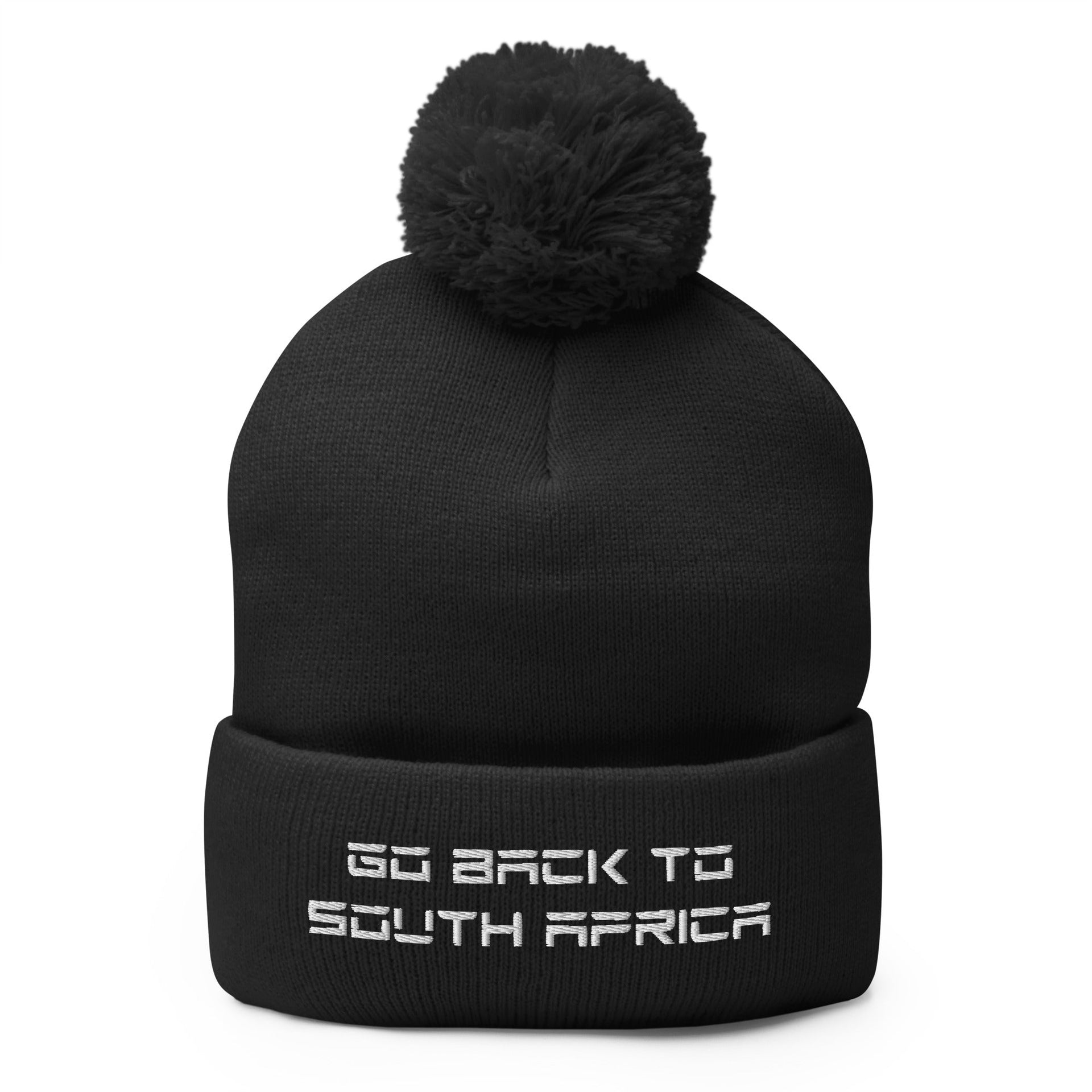 Go Back to South Africa Elon Musk Embroidered Pom Pom Knit Beanie Black Beanies Capital Crowns Liberal