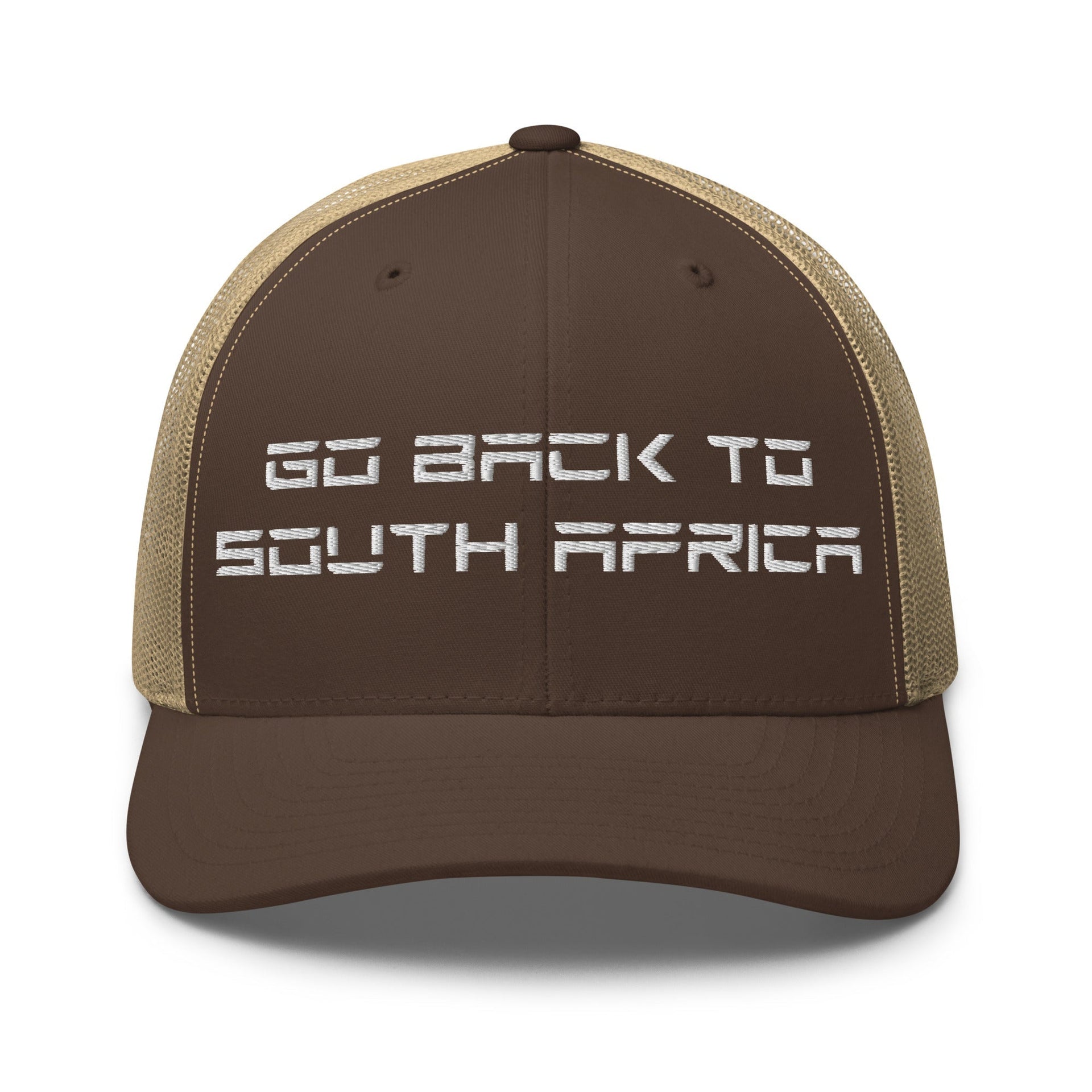 Go Back to South Africa Elon Musk Embroidered Retro Mesh Trucker Hat Brown Khaki Capital Crowns Liberal Trucker Hats