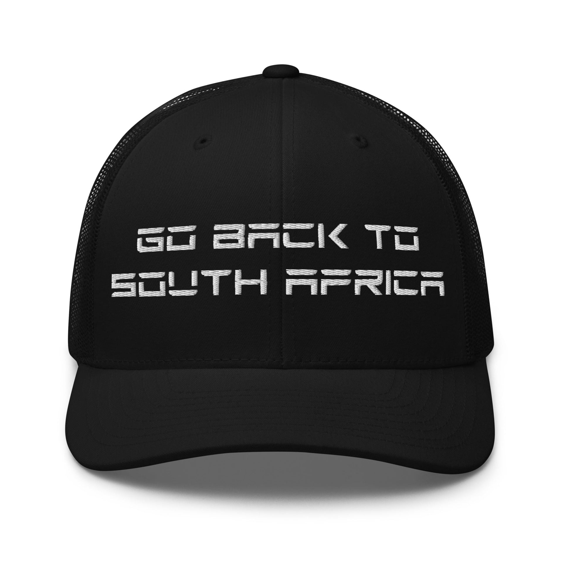 Go Back to South Africa Elon Musk Embroidered Retro Mesh Trucker Hat Black Capital Crowns Liberal Trucker Hats