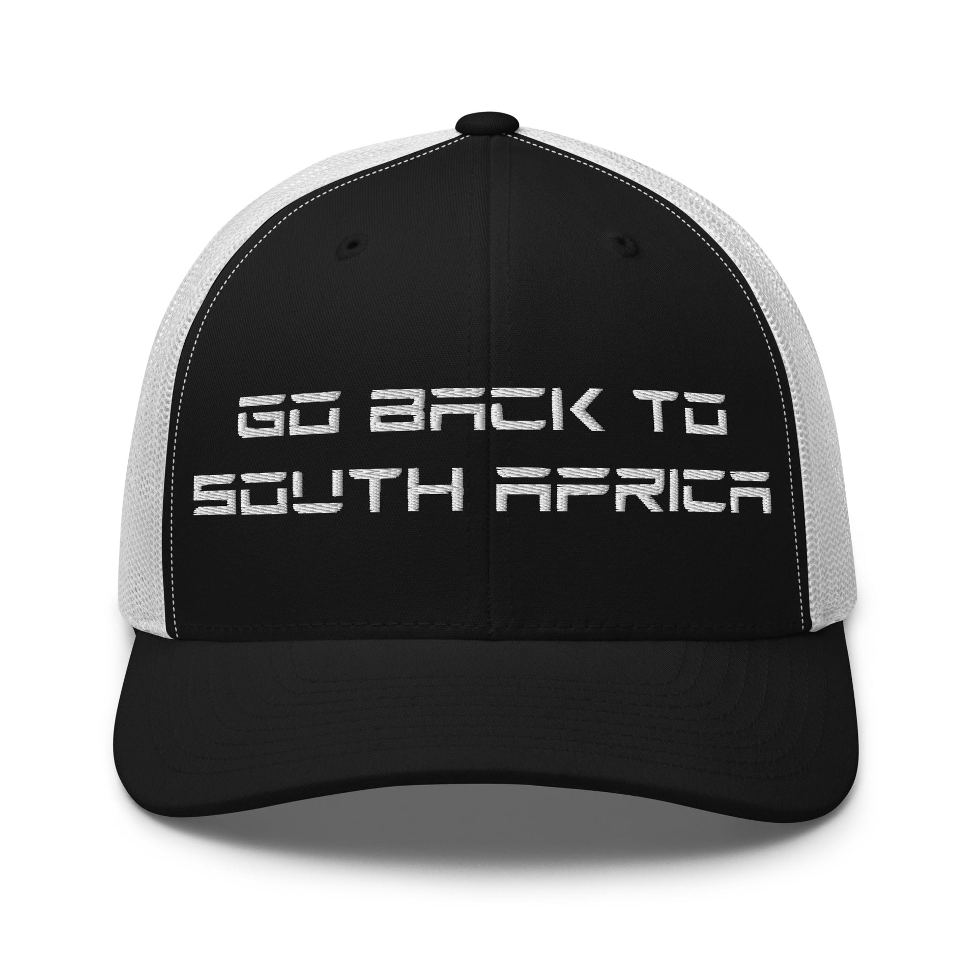 Go Back to South Africa Elon Musk Embroidered Retro Mesh Trucker Hat Black White Capital Crowns Liberal Trucker Hats