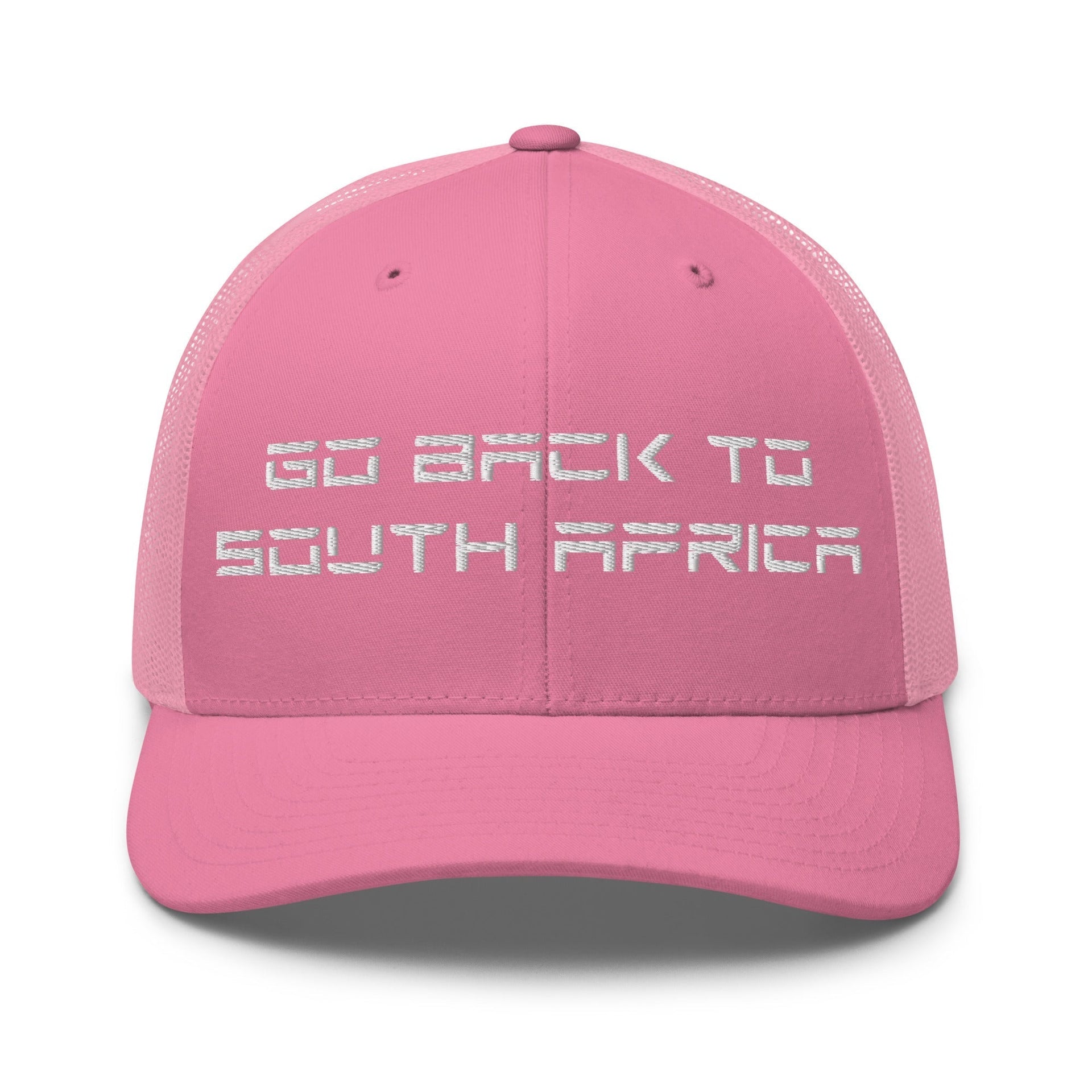 Go Back to South Africa Elon Musk Embroidered Retro Mesh Trucker Hat Pink Capital Crowns Liberal Trucker Hats