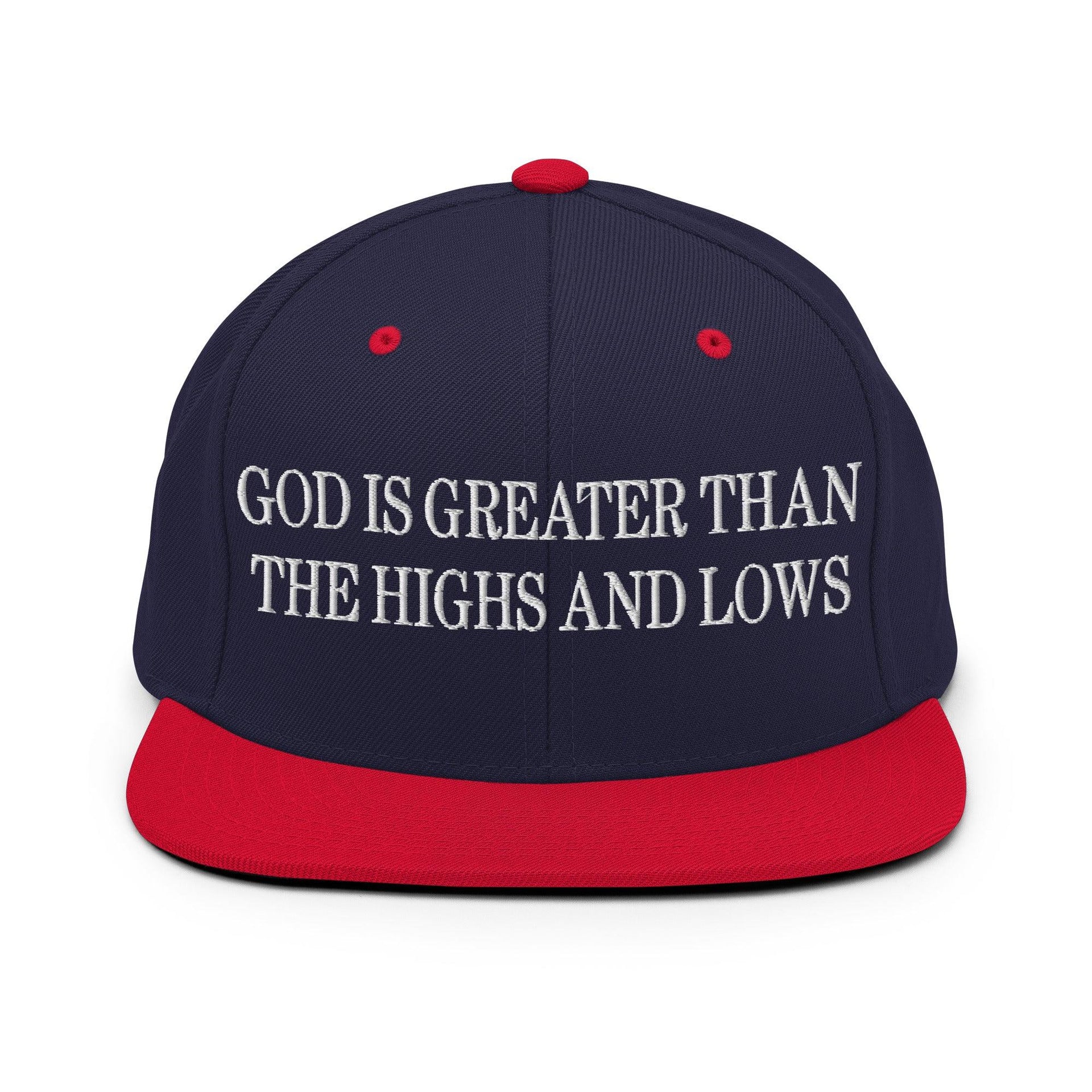 God is Greater than the Highs and Lows Embroidered Flat Bill Brim Snapback Hat Navy Red Capital Crowns Religious Snapback Hats