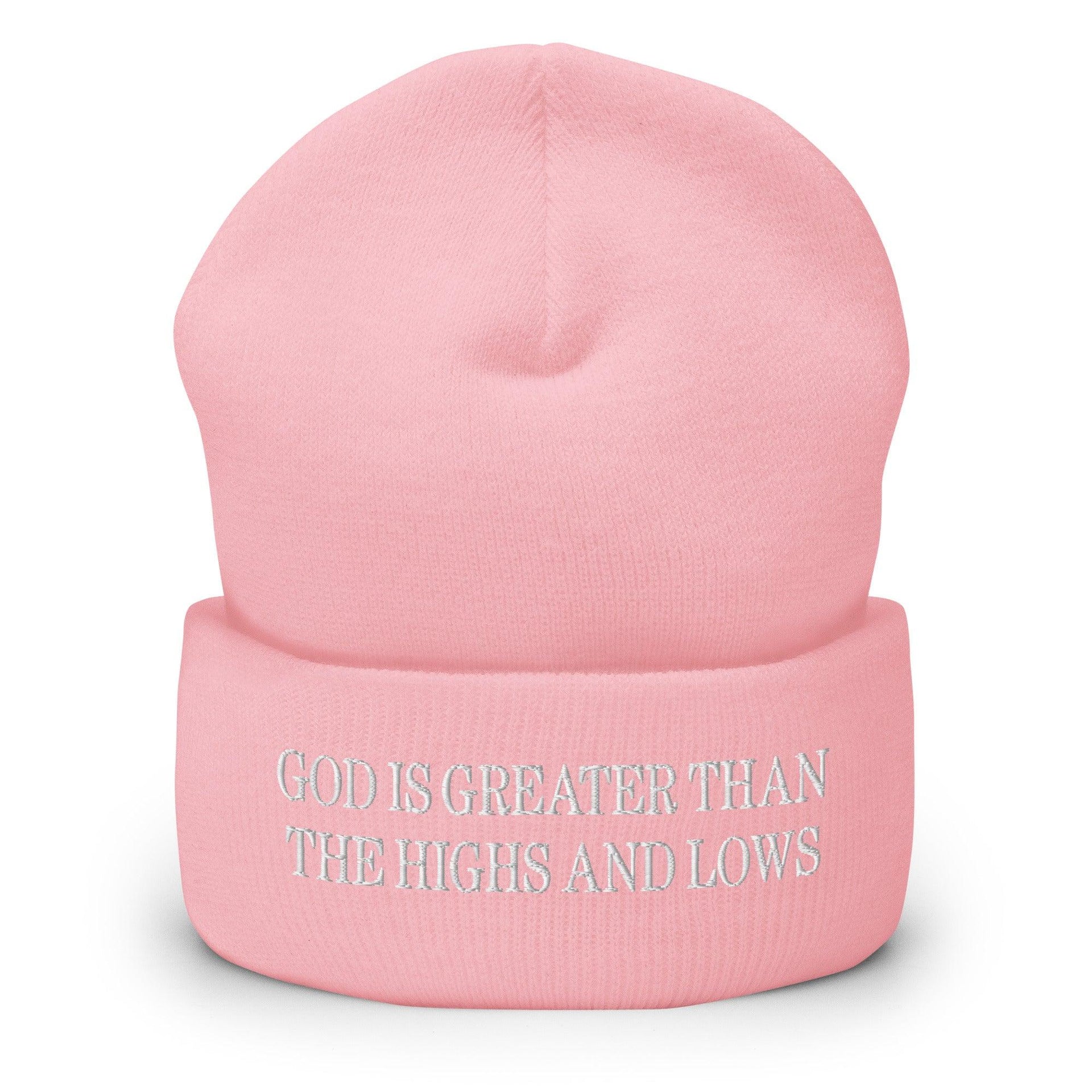 God is Greater than the Highs and Lows Embroidered Knit Cuffed Beanie Baby Pink Beanies Capital Crowns Religious