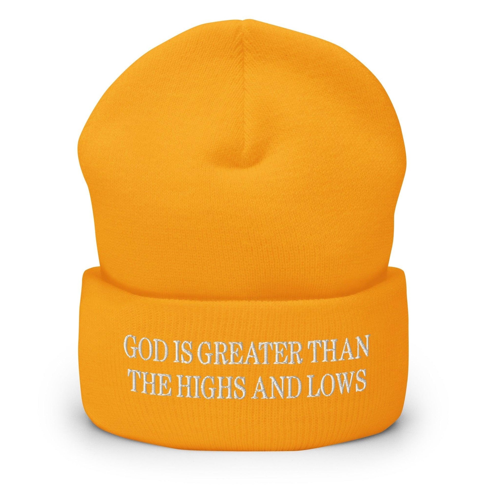 God is Greater than the Highs and Lows Embroidered Knit Cuffed Beanie Gold Beanies Capital Crowns Religious