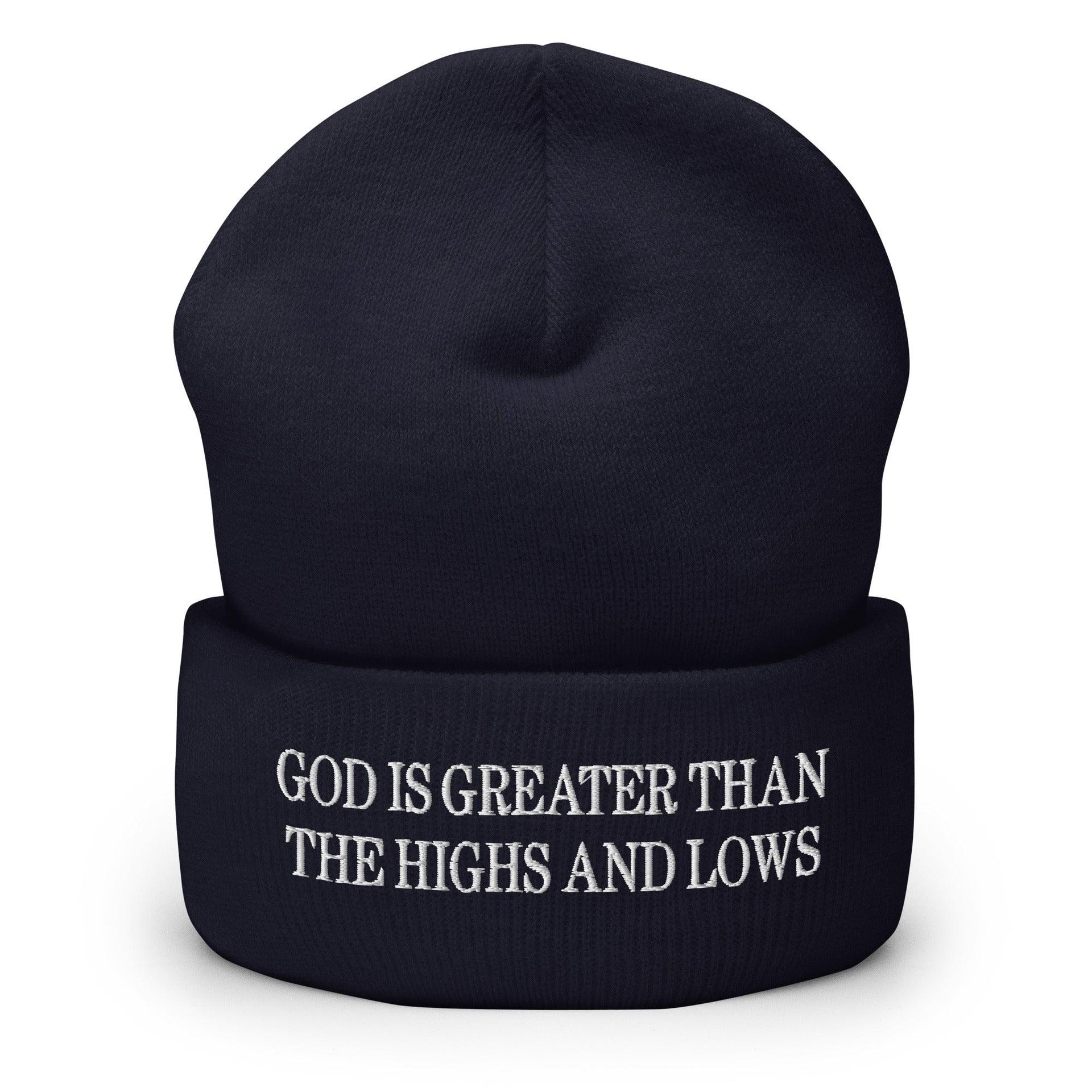 God is Greater than the Highs and Lows Embroidered Knit Cuffed Beanie Navy Beanies Capital Crowns Religious