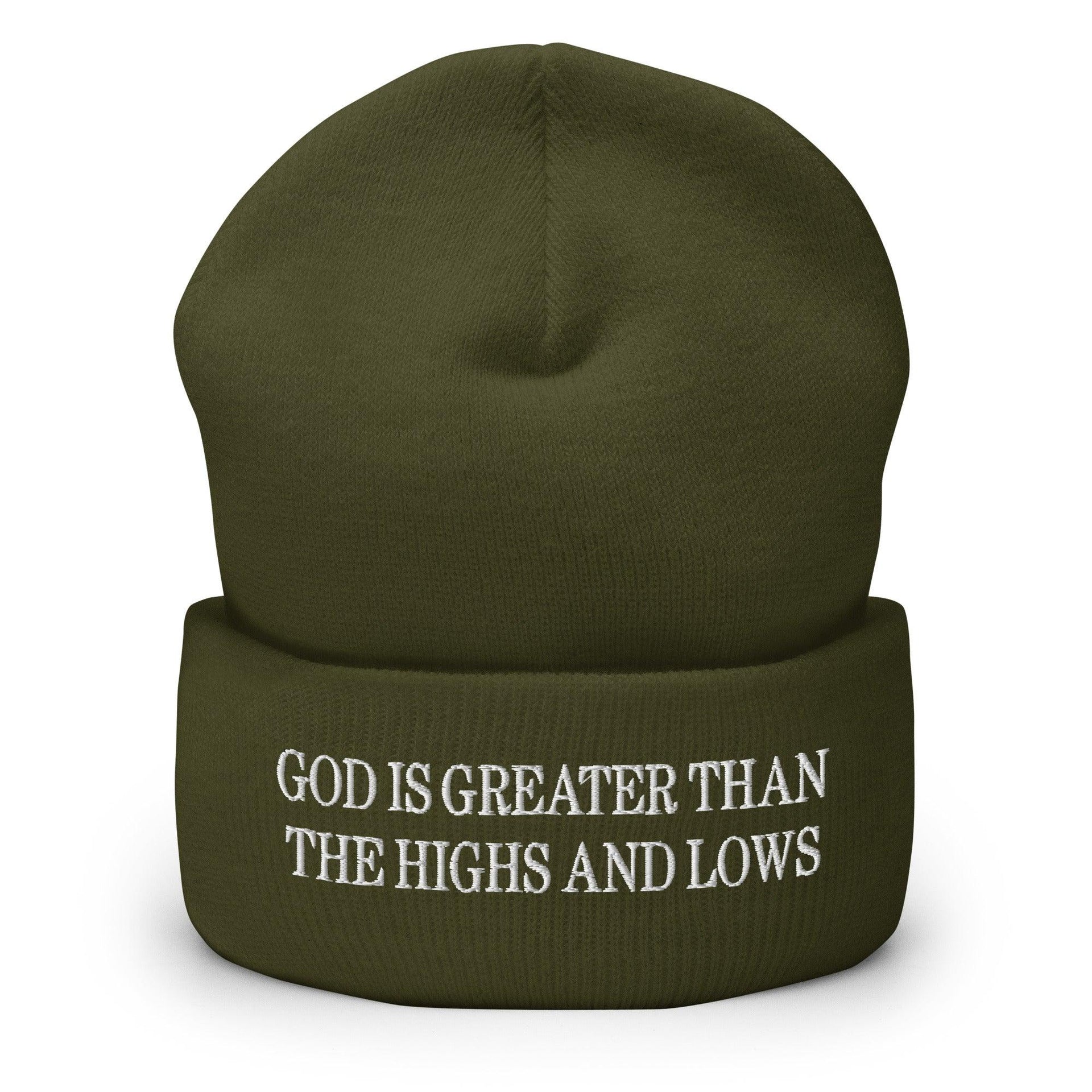 God is Greater than the Highs and Lows Embroidered Knit Cuffed Beanie Olive Beanies Capital Crowns Religious