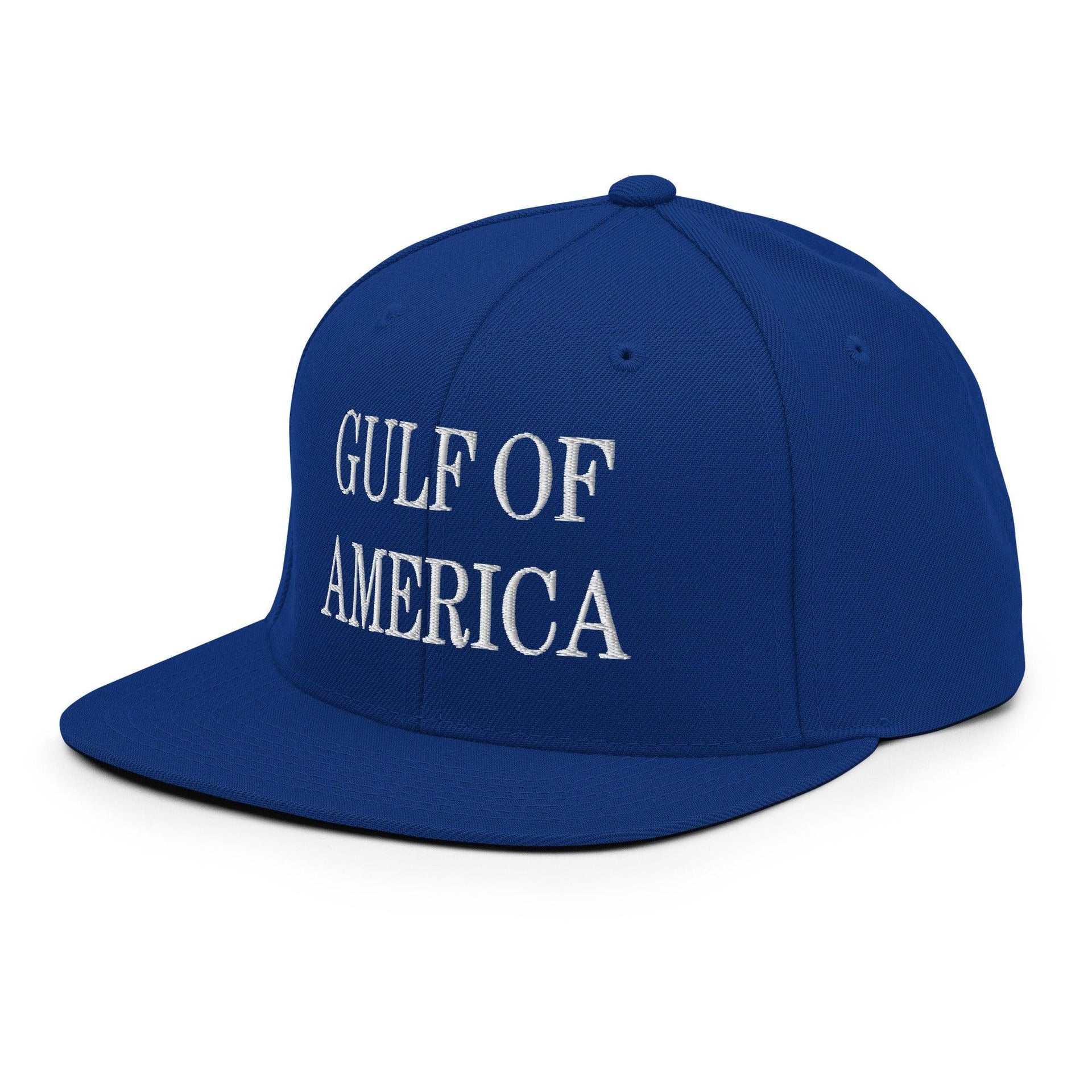Blue flat-brimmed cap featured in Gulf of America Embroidered Flat Bill Brim Snapback Hat