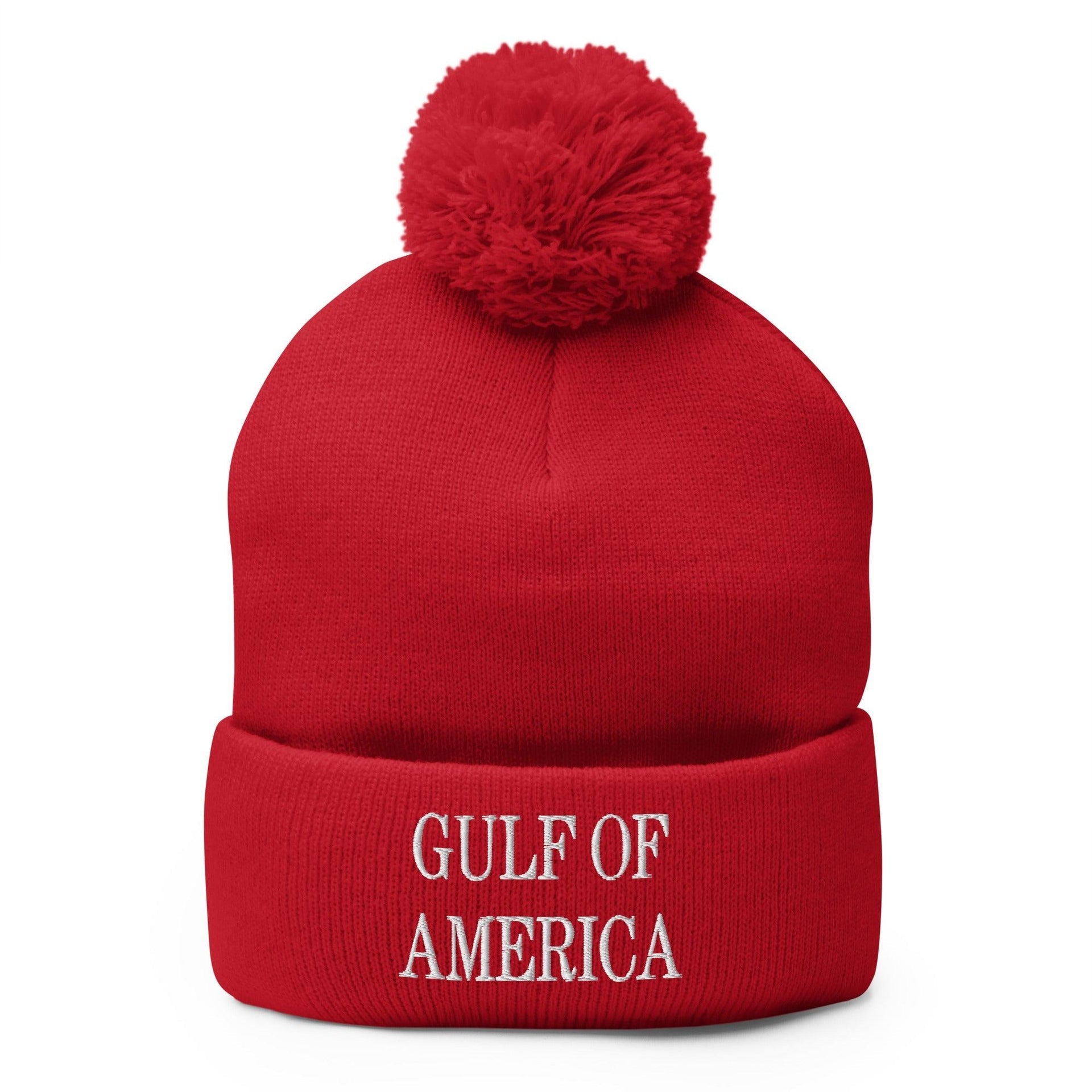 Gulf of America Embroidered Knit Pom Pom Beanie Red Beanies Capital Crowns Conservative LADs Make Again