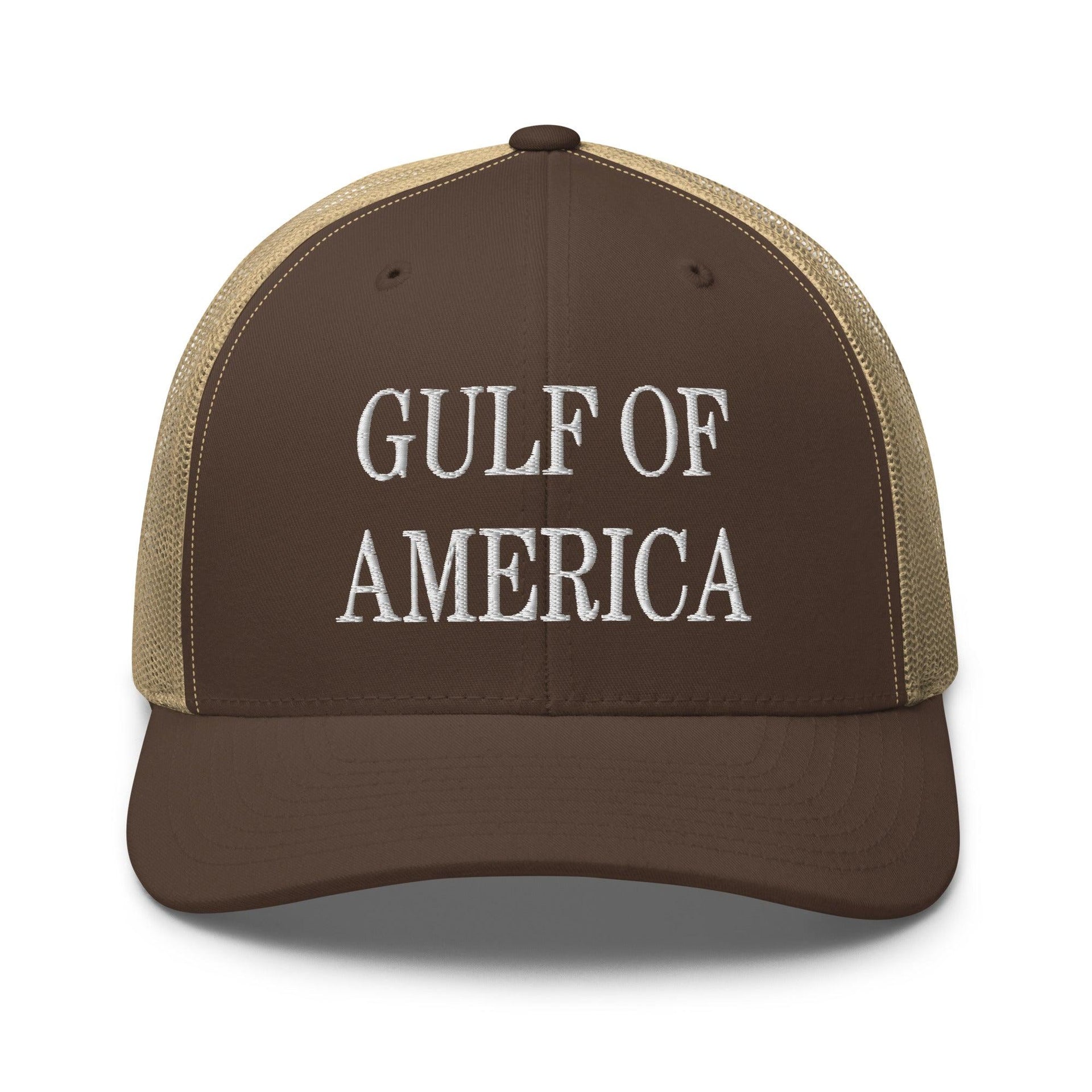 Gulf of America Embroidered Mesh Trucker Hat Brown Khaki Capital Crowns Conservative LADs Make Again Trucker Hats
