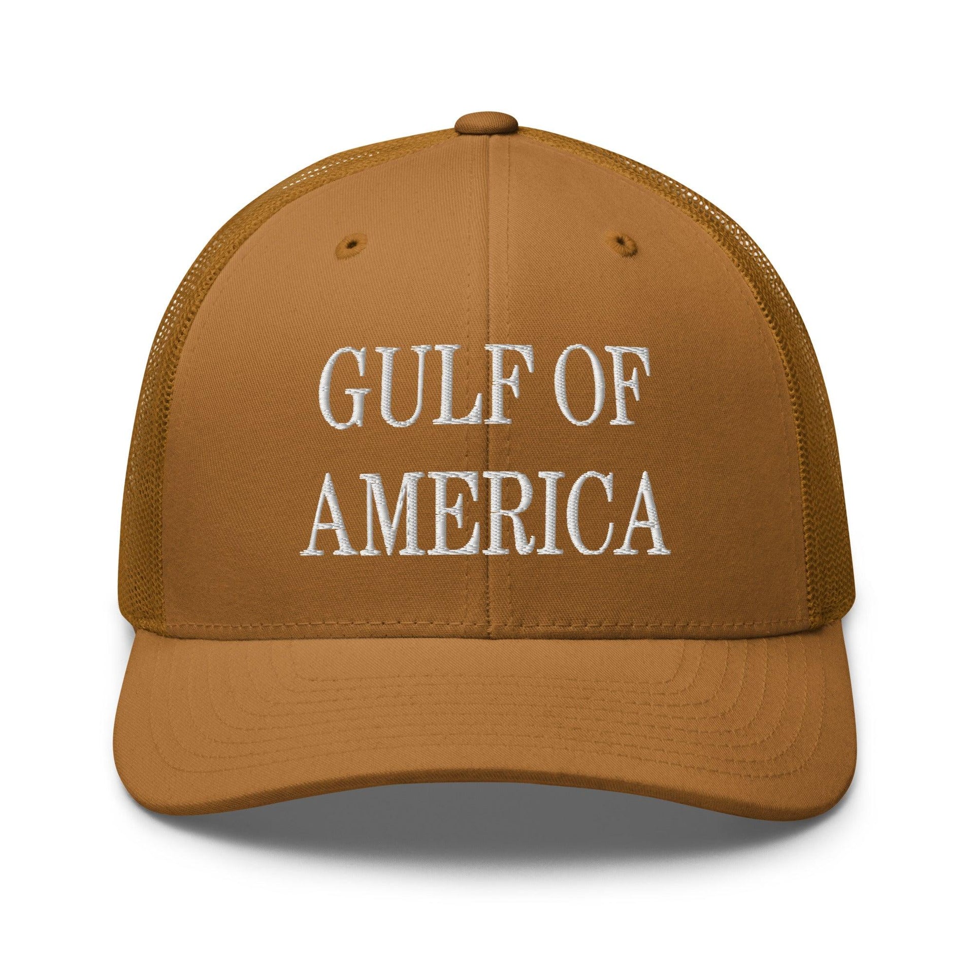Gulf of America Embroidered Mesh Trucker Hat Caramel Capital Crowns Conservative LADs Make Again Trucker Hats