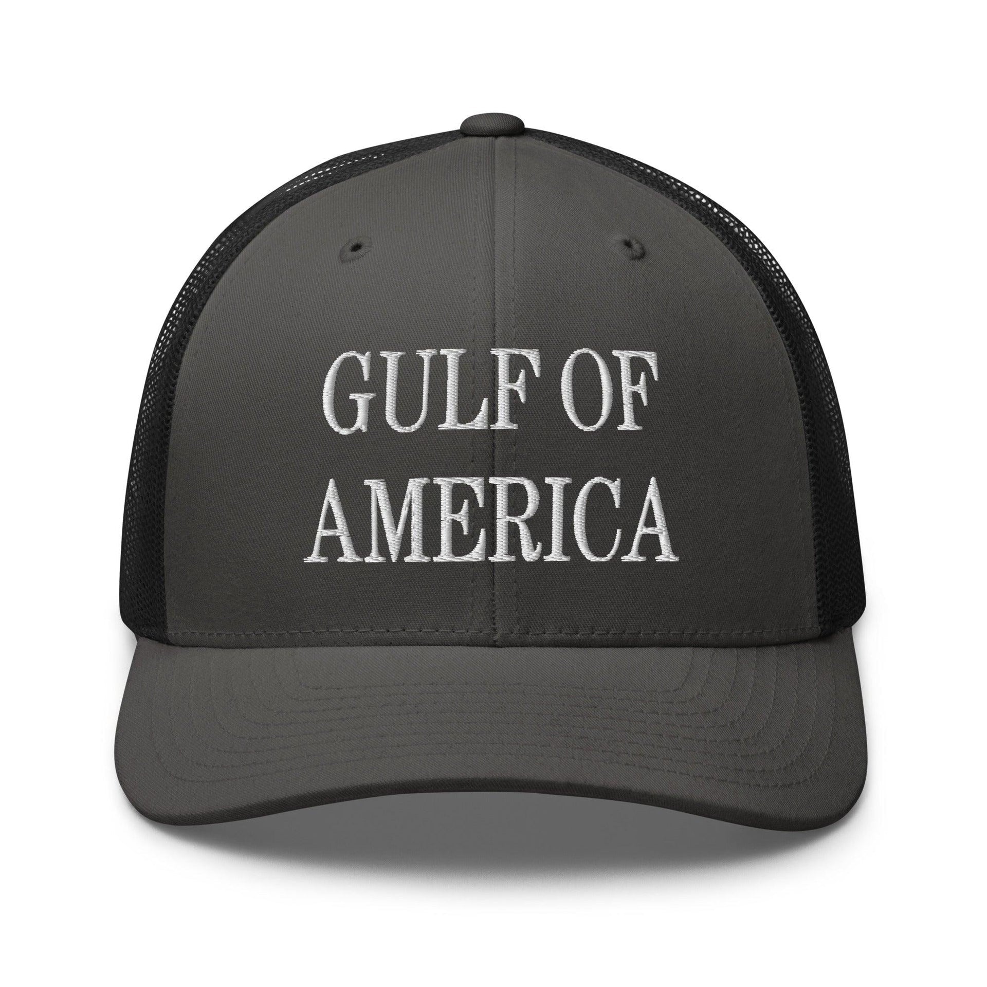 Gulf of America Embroidered Mesh Trucker Hat Charcoal Black Capital Crowns Conservative LADs Make Again Trucker Hats