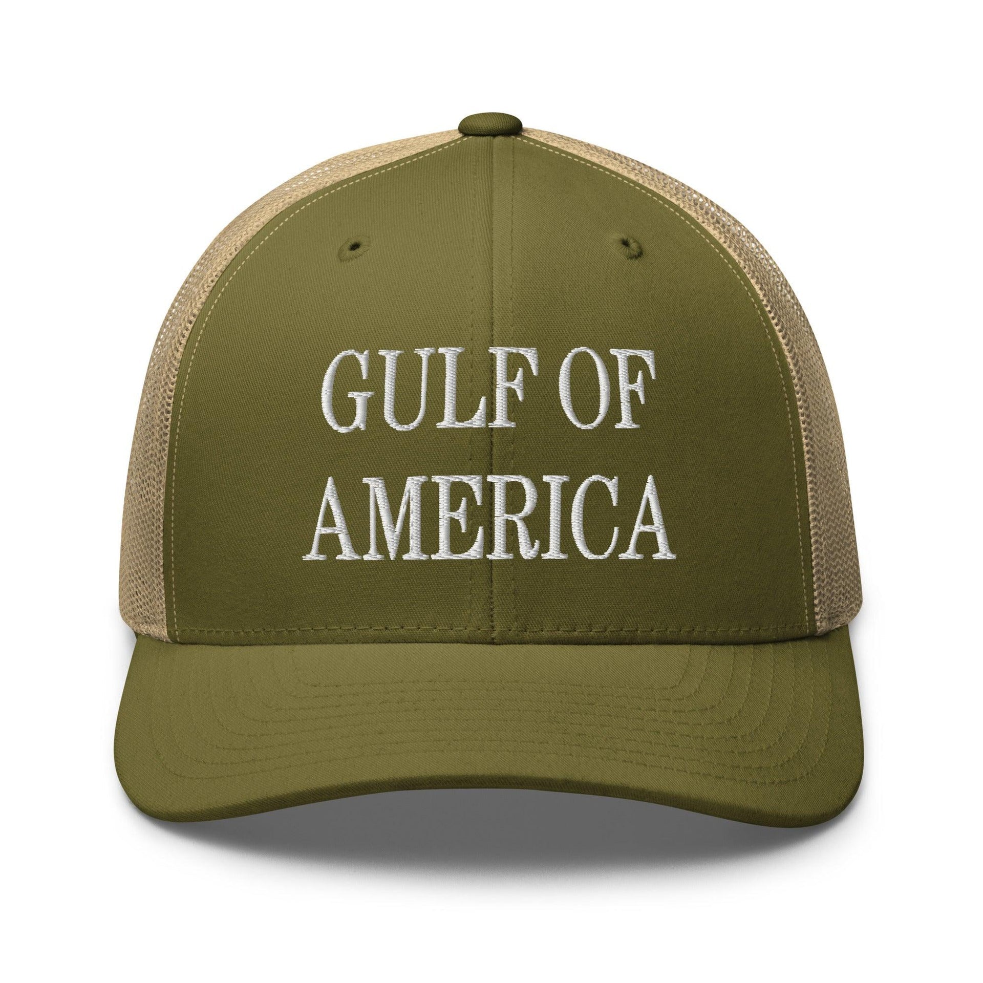 Gulf of America Embroidered Mesh Trucker Hat Moss Khaki Capital Crowns Conservative LADs Make Again Trucker Hats