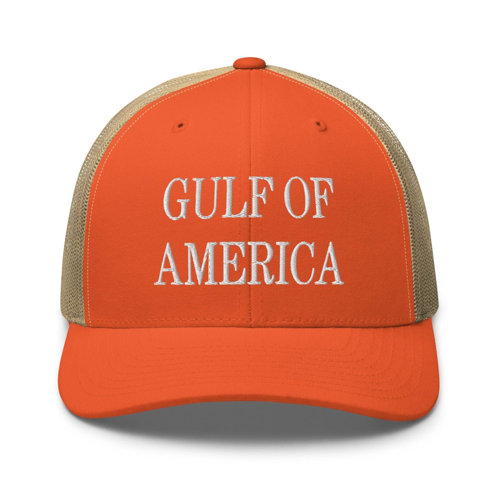 Gulf of America Embroidered Mesh Trucker Hat Rustic Orange Khaki Capital Crowns Conservative LADs Make Again Trucker Hats