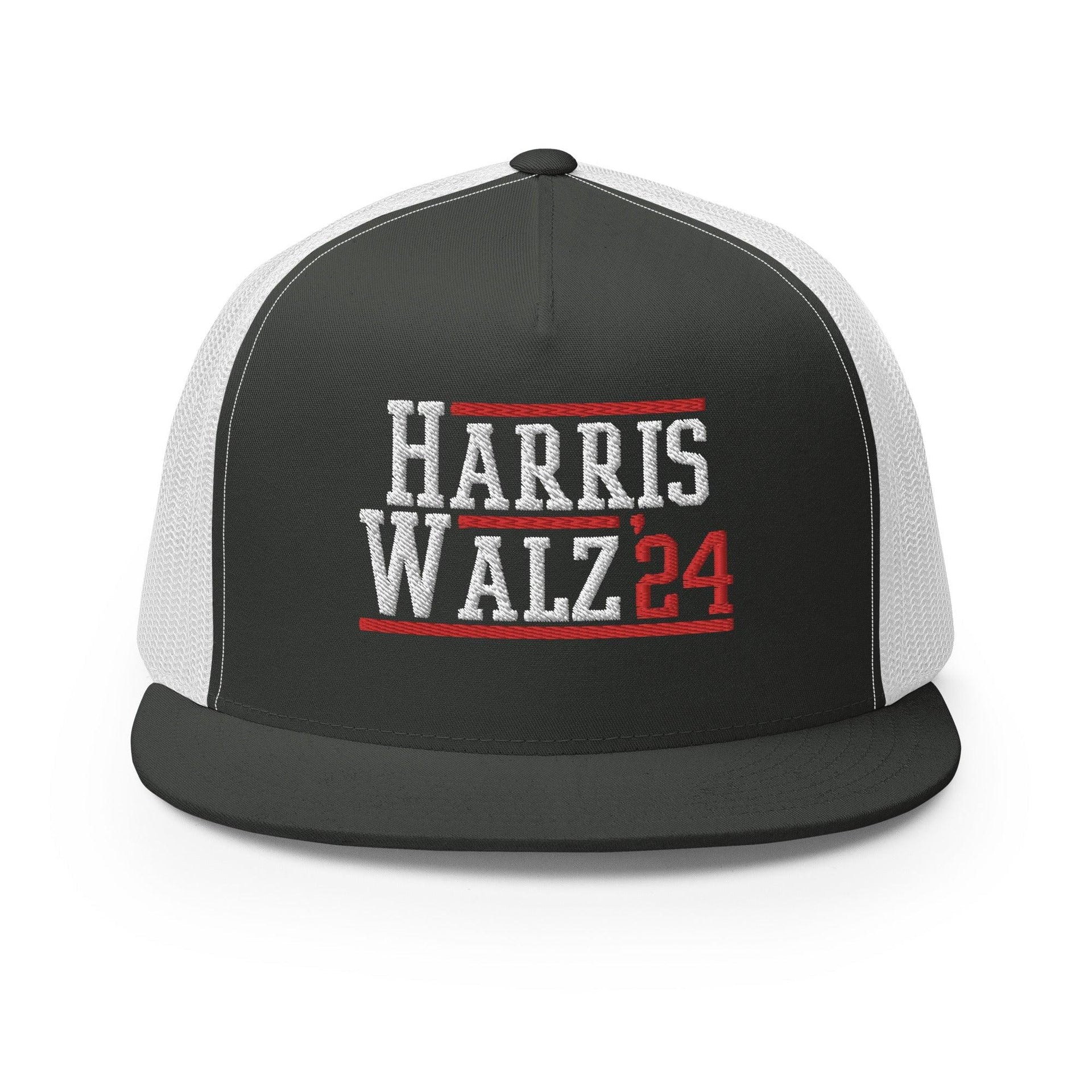 Harris Walz 2024 24 Flat Bill Brim Trucker Hat Charcoal White Capital Crowns LADs Liberal Snapback Hats Trucker Hats