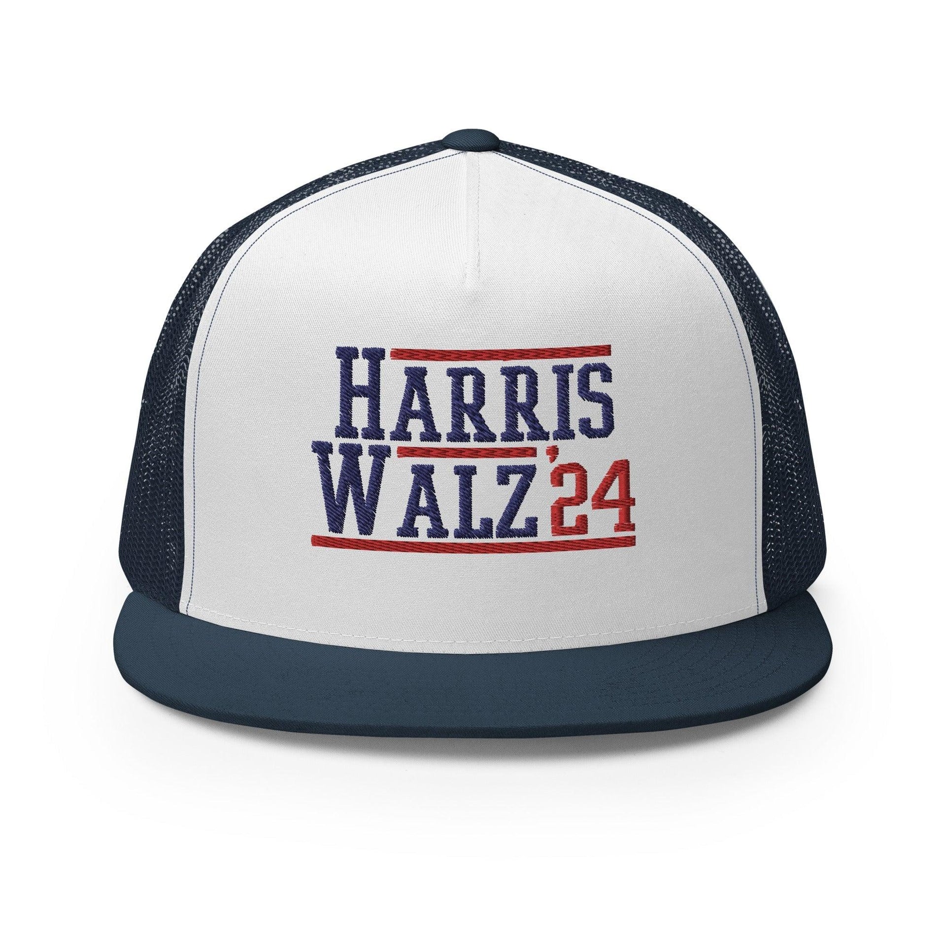 Harris Walz 2024 24 Flat Bill Brim Trucker Hat Navy White Navy Capital Crowns LADs Liberal Snapback Hats Trucker Hats