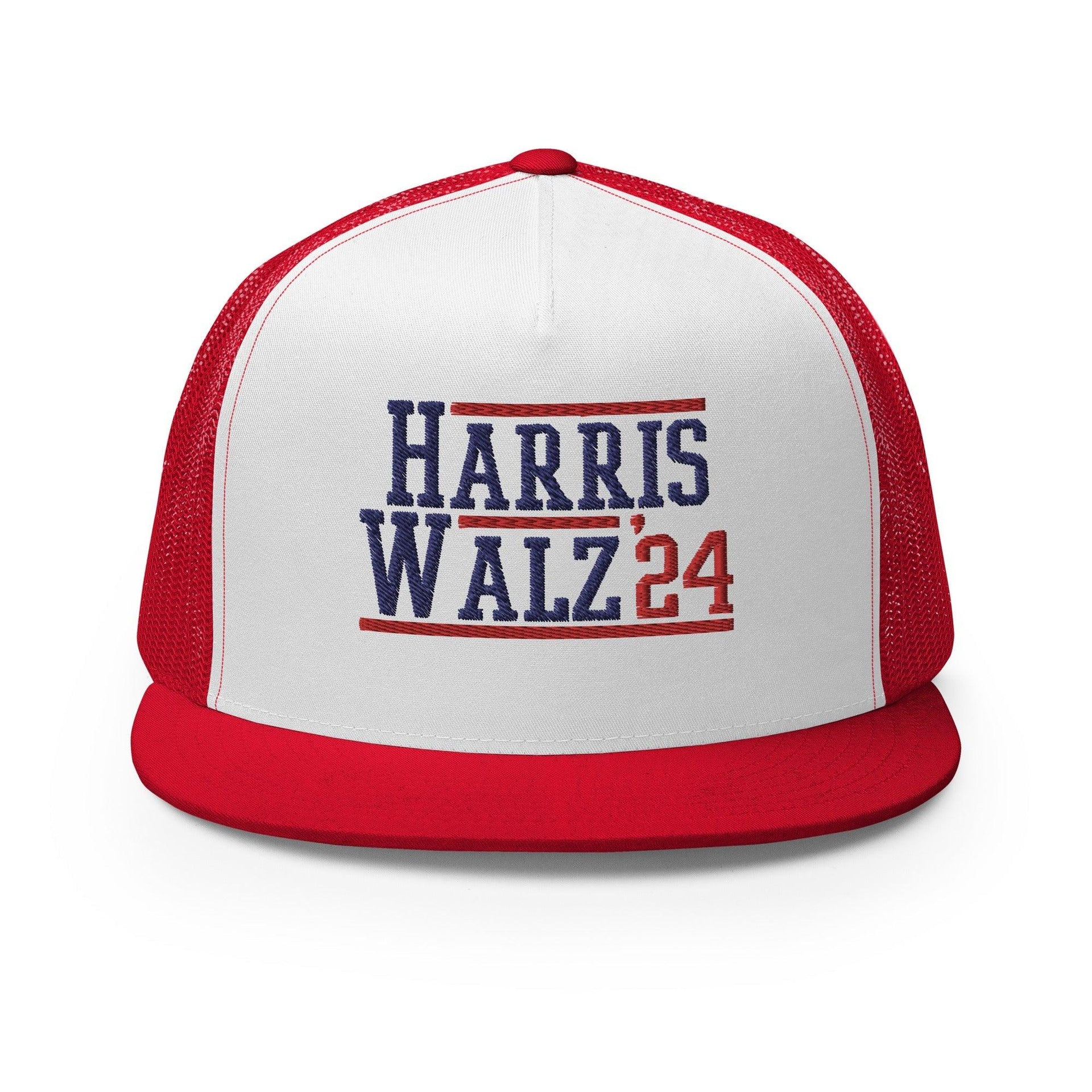 Harris Walz 2024 24 Flat Bill Brim Trucker Hat Red White Red Capital Crowns LADs Liberal Snapback Hats Trucker Hats