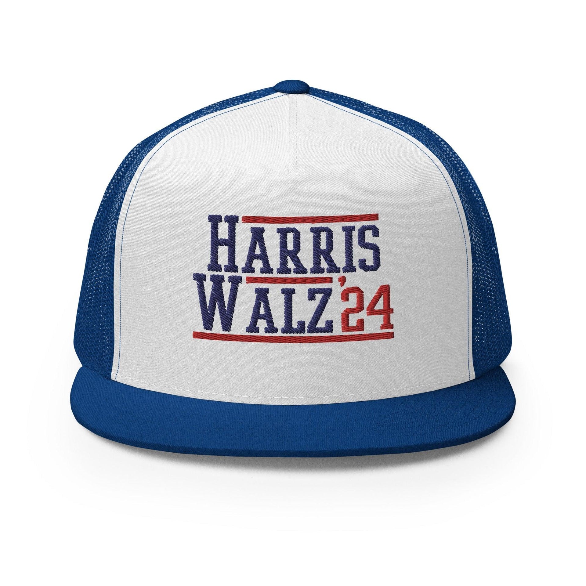 Harris Walz 2024 24 Flat Bill Brim Trucker Hat Royal White Royal Capital Crowns LADs Liberal Snapback Hats Trucker Hats