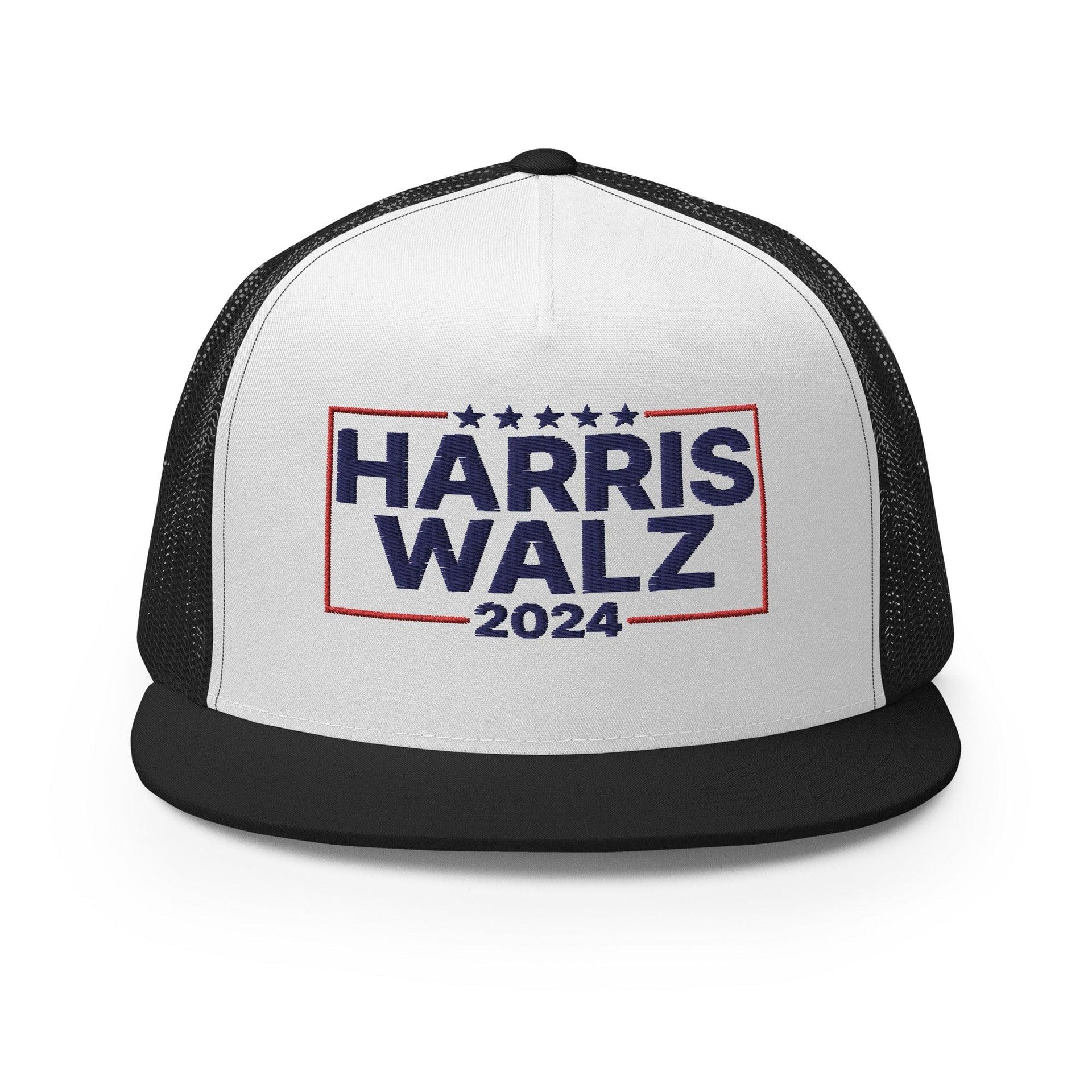 Harris Walz 2024 Flat Bill Brim Trucker Hat Black White Black Capital Crowns LADs Liberal Snapback Hats Trucker Hats