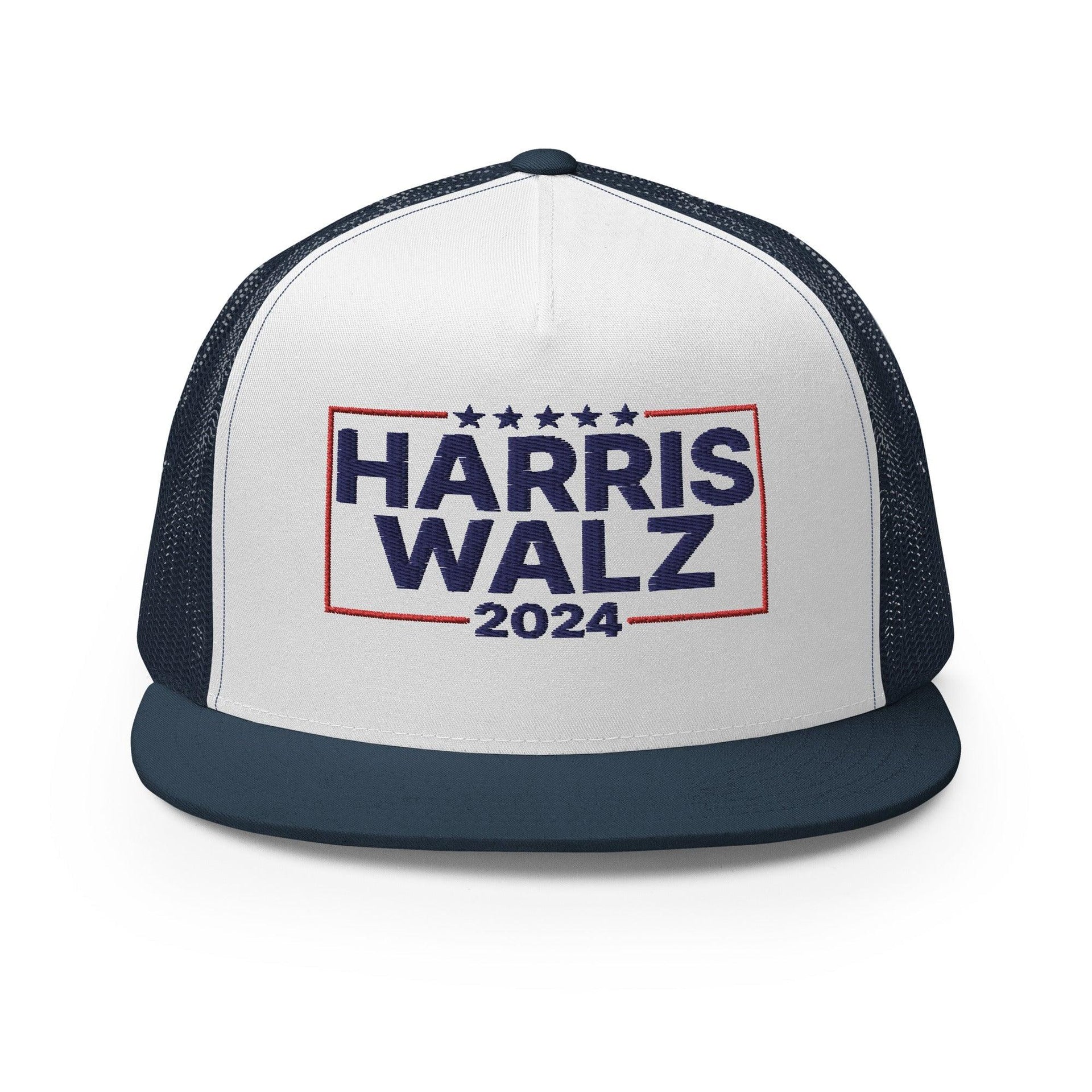 Harris Walz 2024 Flat Bill Brim Trucker Hat Navy White Navy Capital Crowns LADs Liberal Snapback Hats Trucker Hats