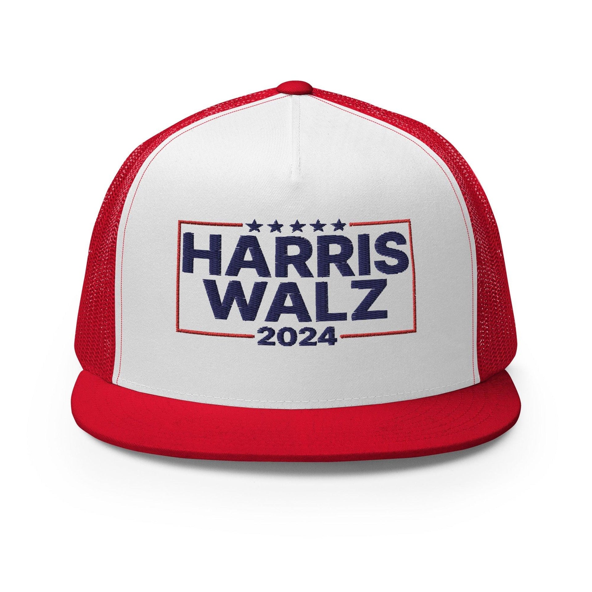 Harris Walz 2024 Flat Bill Brim Trucker Hat Red White Red Capital Crowns LADs Liberal Snapback Hats Trucker Hats