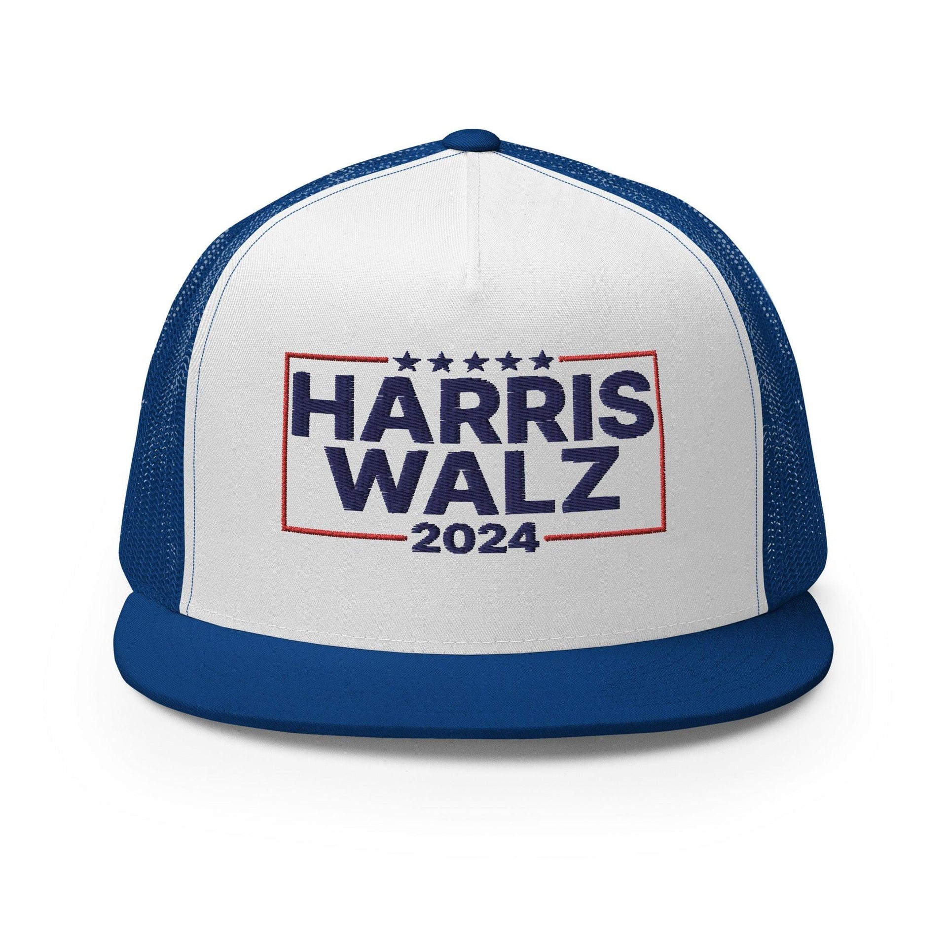 Harris Walz 2024 Flat Bill Brim Trucker Hat Royal White Royal Capital Crowns LADs Liberal Snapback Hats Trucker Hats