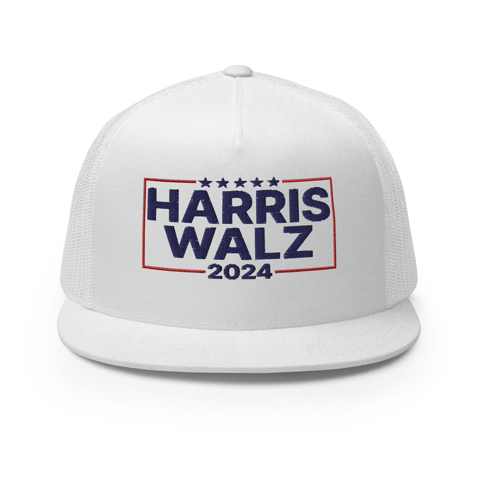 Harris Walz 2024 Flat Bill Brim Trucker Hat White Capital Crowns LADs Liberal Snapback Hats Trucker Hats