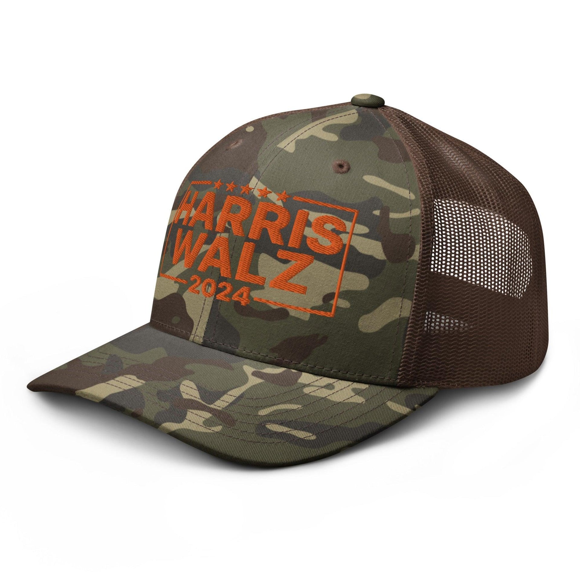 Harris Walz 24 2024 Camo Trucker Hat Orange Capital Crowns LADs Liberal Orange Camo Trucker Hats