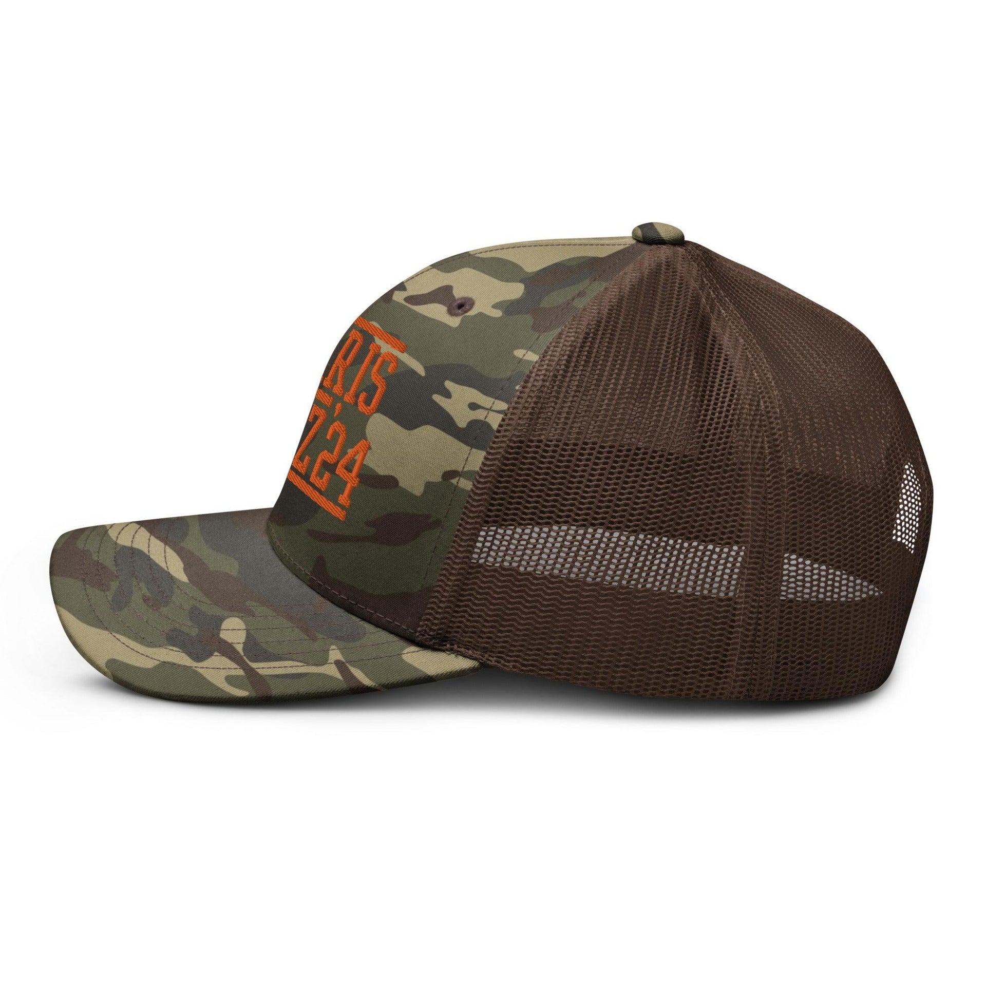 Harris Walz '24 2024 Camo Trucker Hat Orange Capital Crowns LADs Liberal Orange Camo Trucker Hats