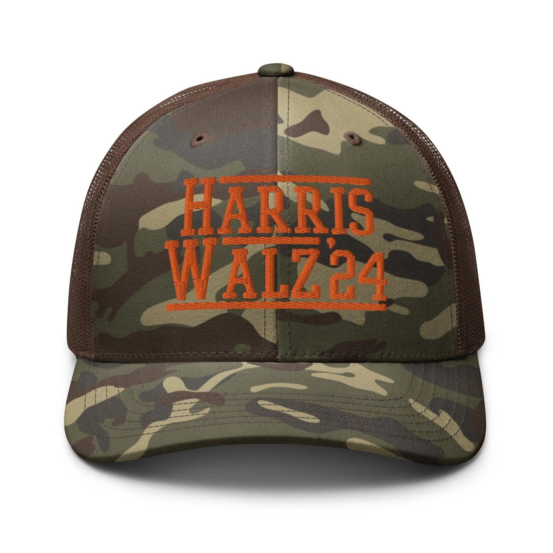 Harris Walz '24 2024 Camo Trucker Hat Orange Camo Brown Capital Crowns LADs Liberal Orange Camo Trucker Hats
