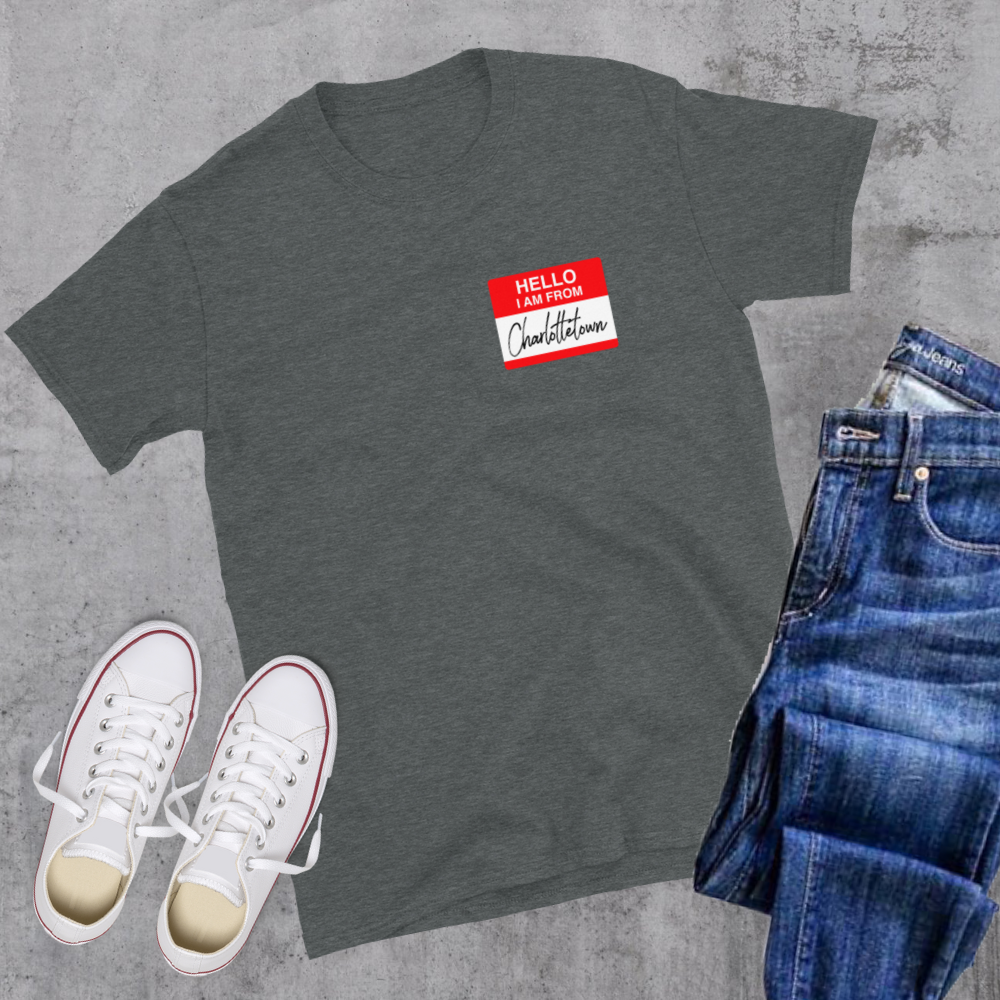 Hello I'm from Charlottetown Tee Dark Heather Canadian City Apparel