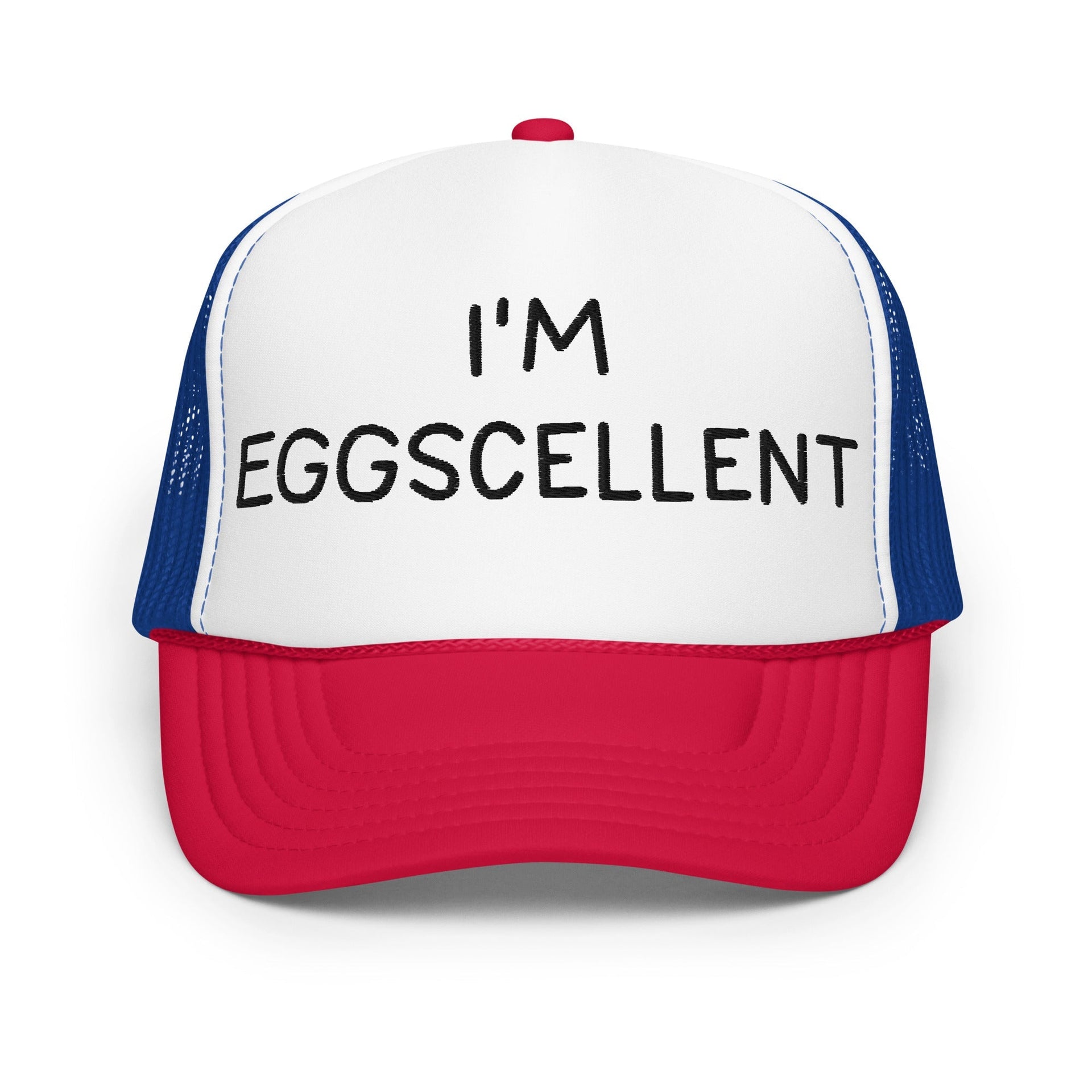 I'm Eggscellent Regular Show Embroidered Foam Trucker Hat White Royal Red Capital Crowns Funny Trucker Hats