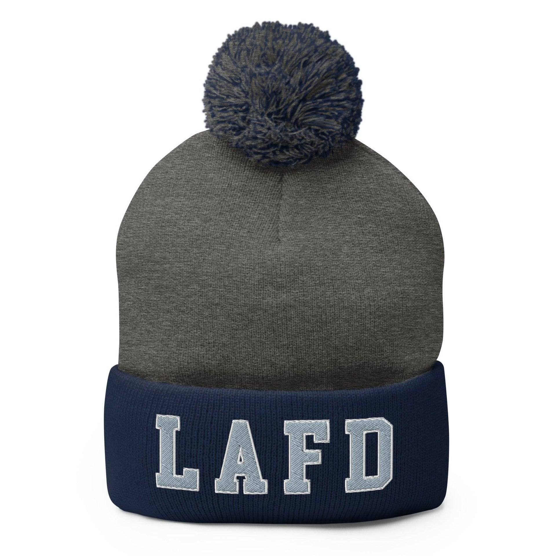 LAFD Los Angeles Fire Department Embroidered Knit Pom Pom Beanie Dark Heather Grey Navy Beanies Capital Crowns Work