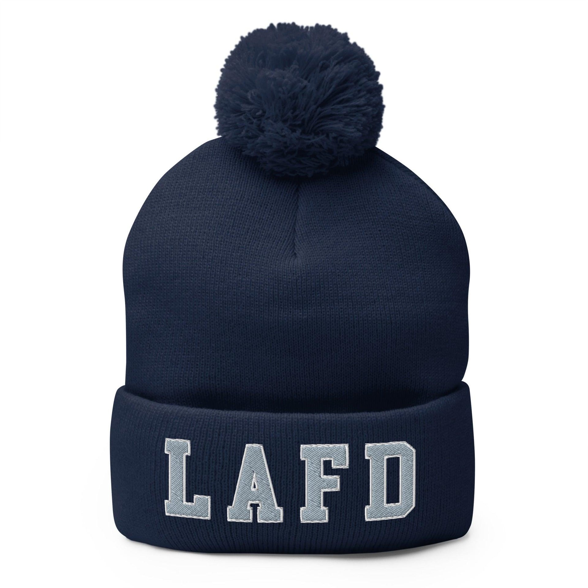 LAFD Los Angeles Fire Department Embroidered Knit Pom Pom Beanie Navy Beanies Capital Crowns Work