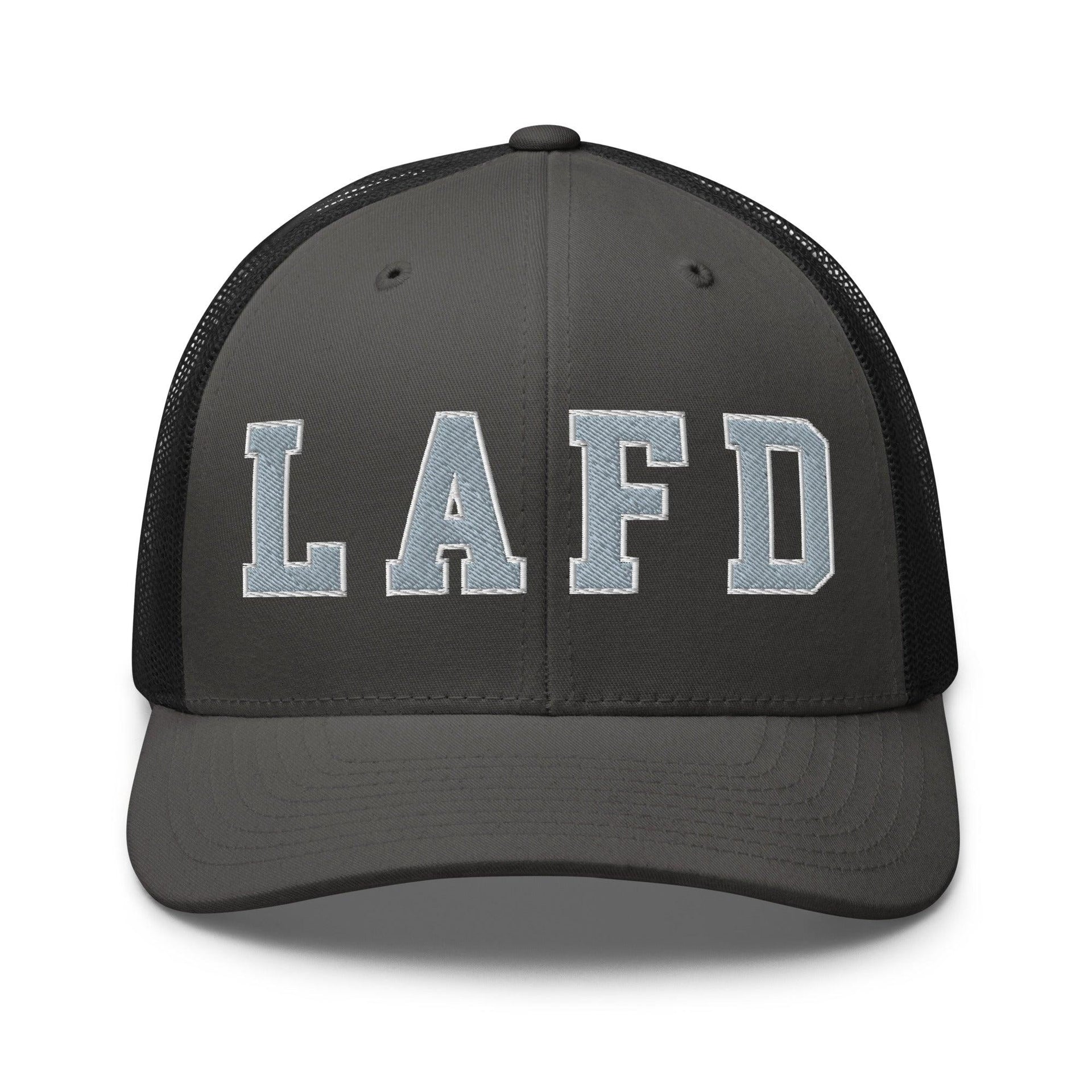 LAFD Los Angeles Fire Department Embroidered Mesh Trucker Hat Charcoal Black Capital Crowns Trucker Hats Work