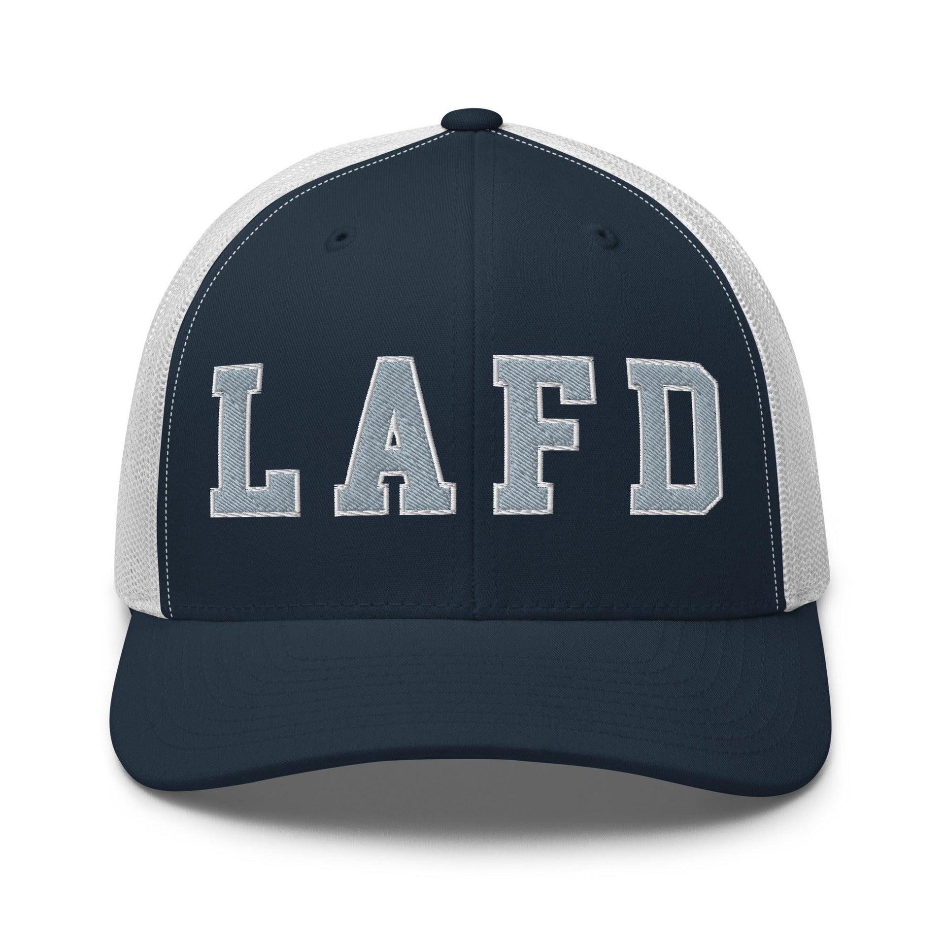 LAFD Los Angeles Fire Department Embroidered Mesh Trucker Hat Navy White Capital Crowns Trucker Hats Work