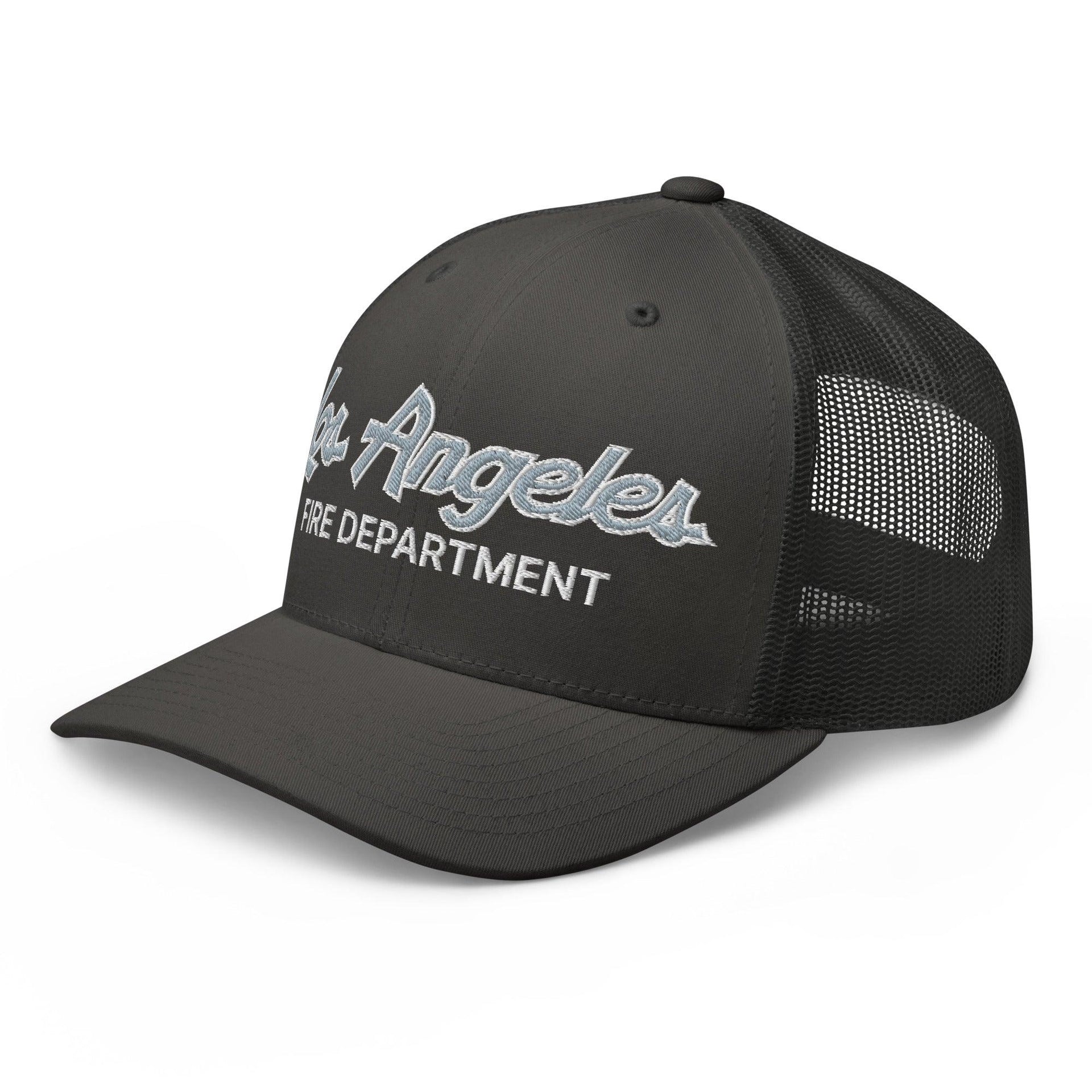 LAFD Los Angeles Fire Department Vintage Sports Script Embroidered Mesh Trucker Hat Capital Crowns Trucker Hats Work