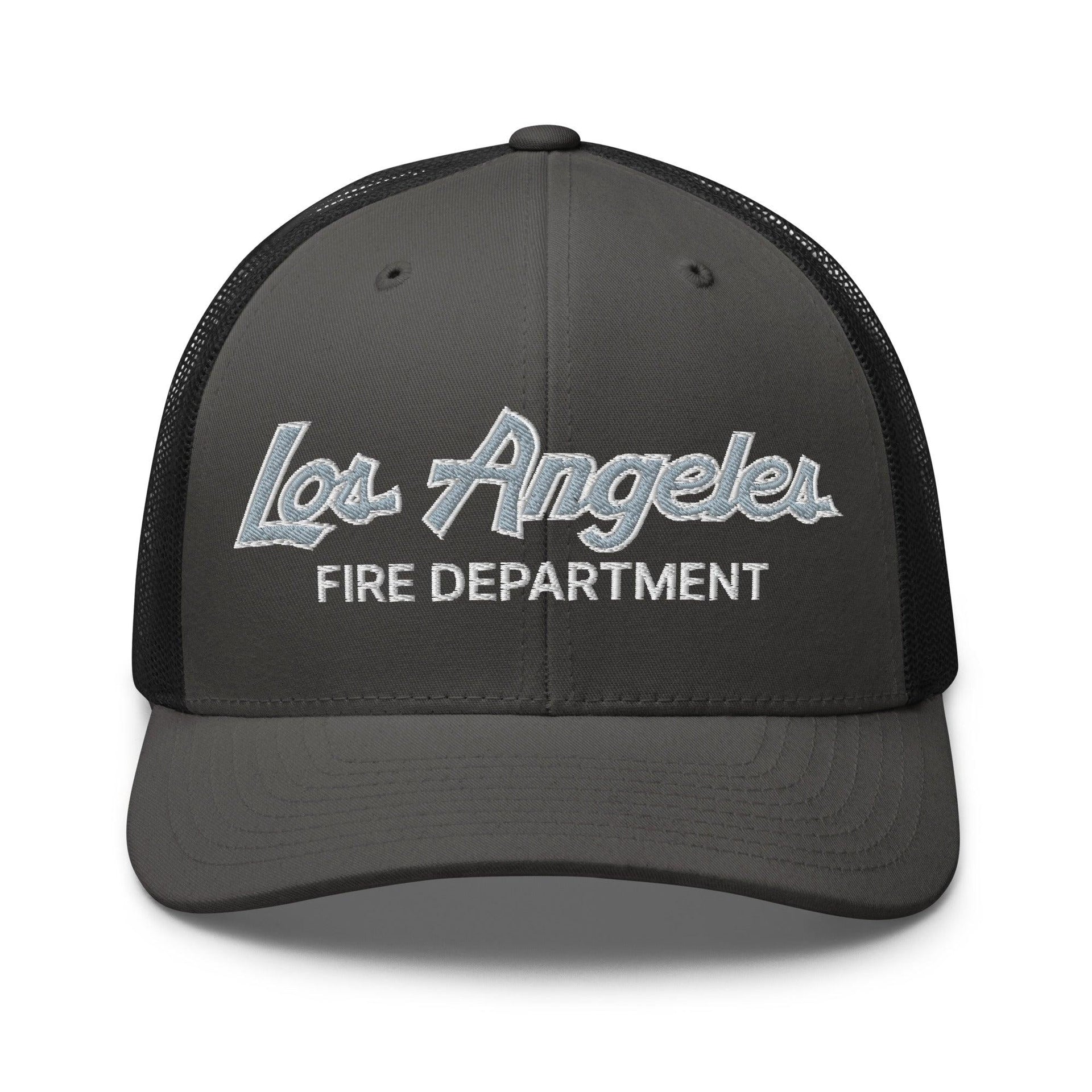 LAFD Los Angeles Fire Department Vintage Sports Script Embroidered Mesh Trucker Hat Charcoal Black Capital Crowns Trucker Hats Work