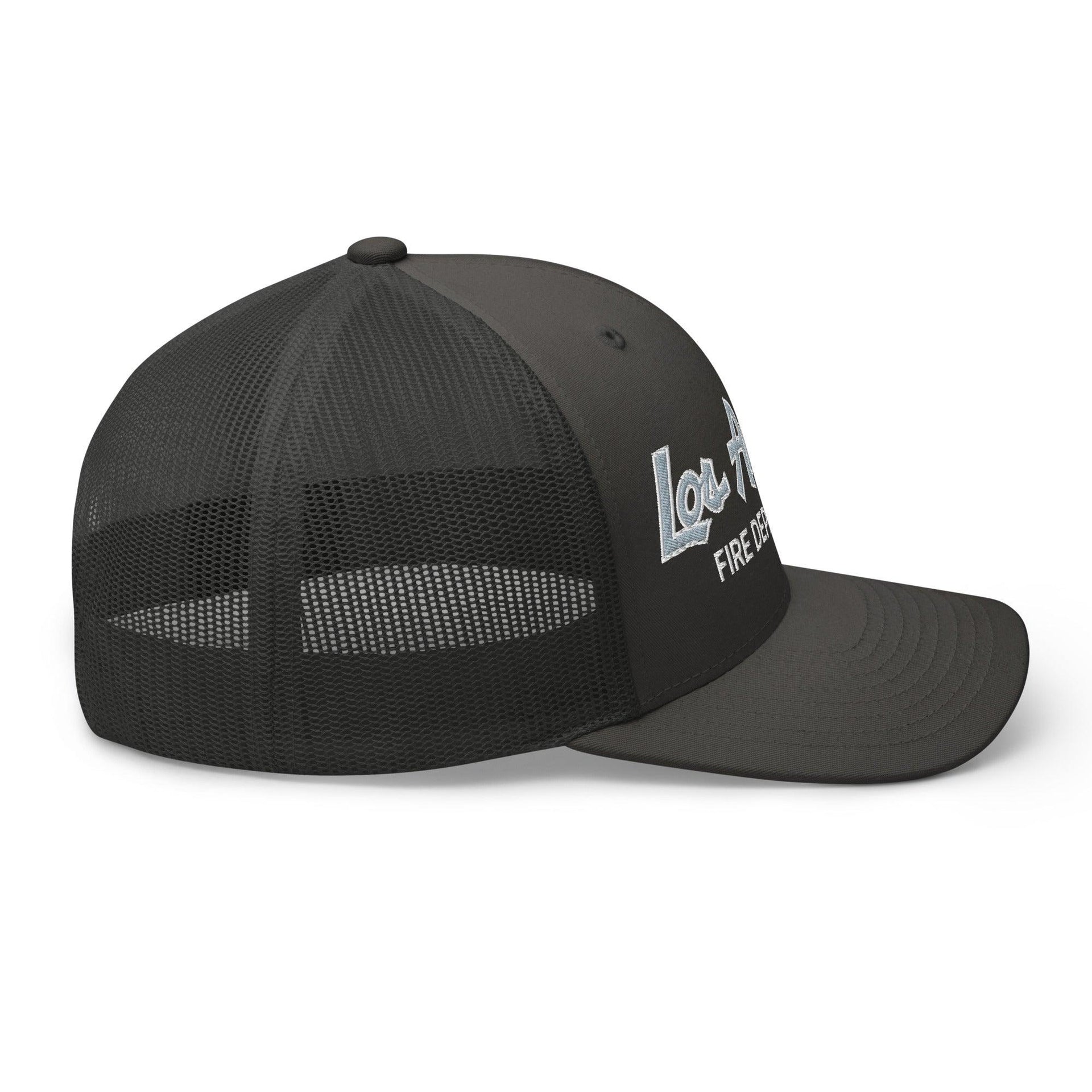 LAFD Los Angeles Fire Department Vintage Sports Script Embroidered Mesh Trucker Hat Capital Crowns Trucker Hats Work