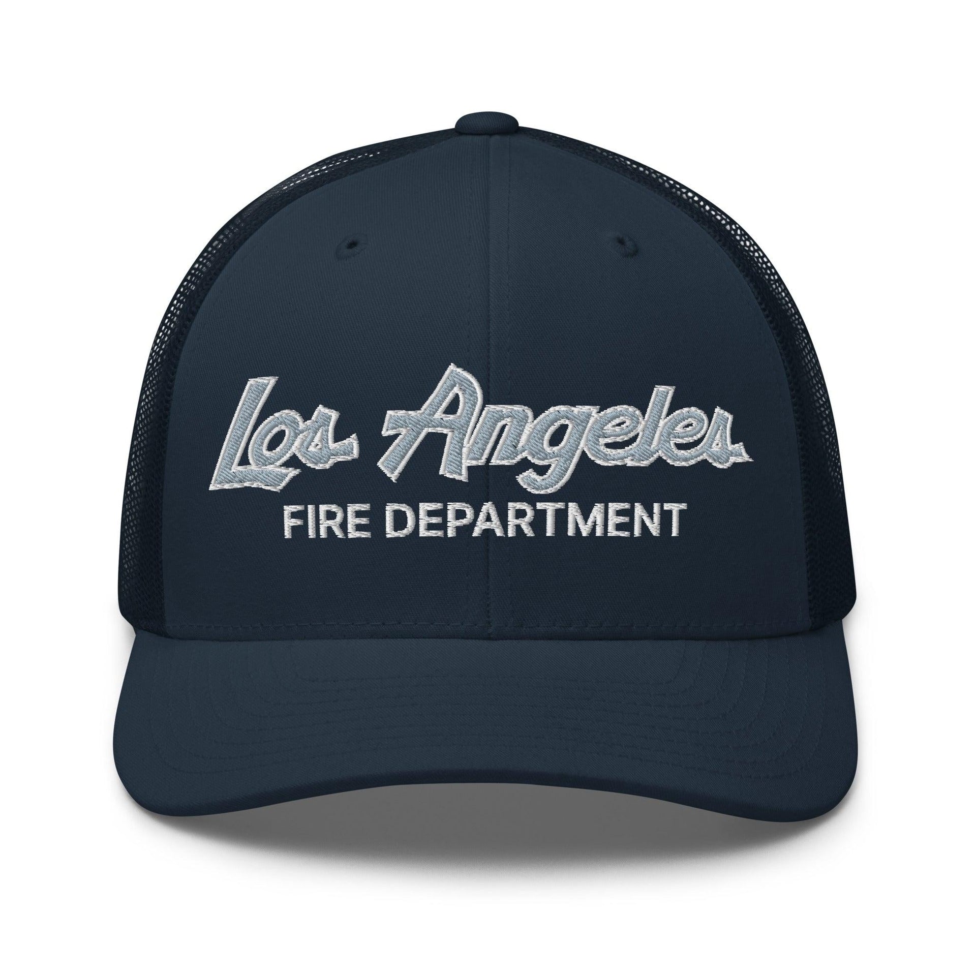 LAFD Los Angeles Fire Department Vintage Sports Script Embroidered Mesh Trucker Hat Navy Capital Crowns Trucker Hats Work