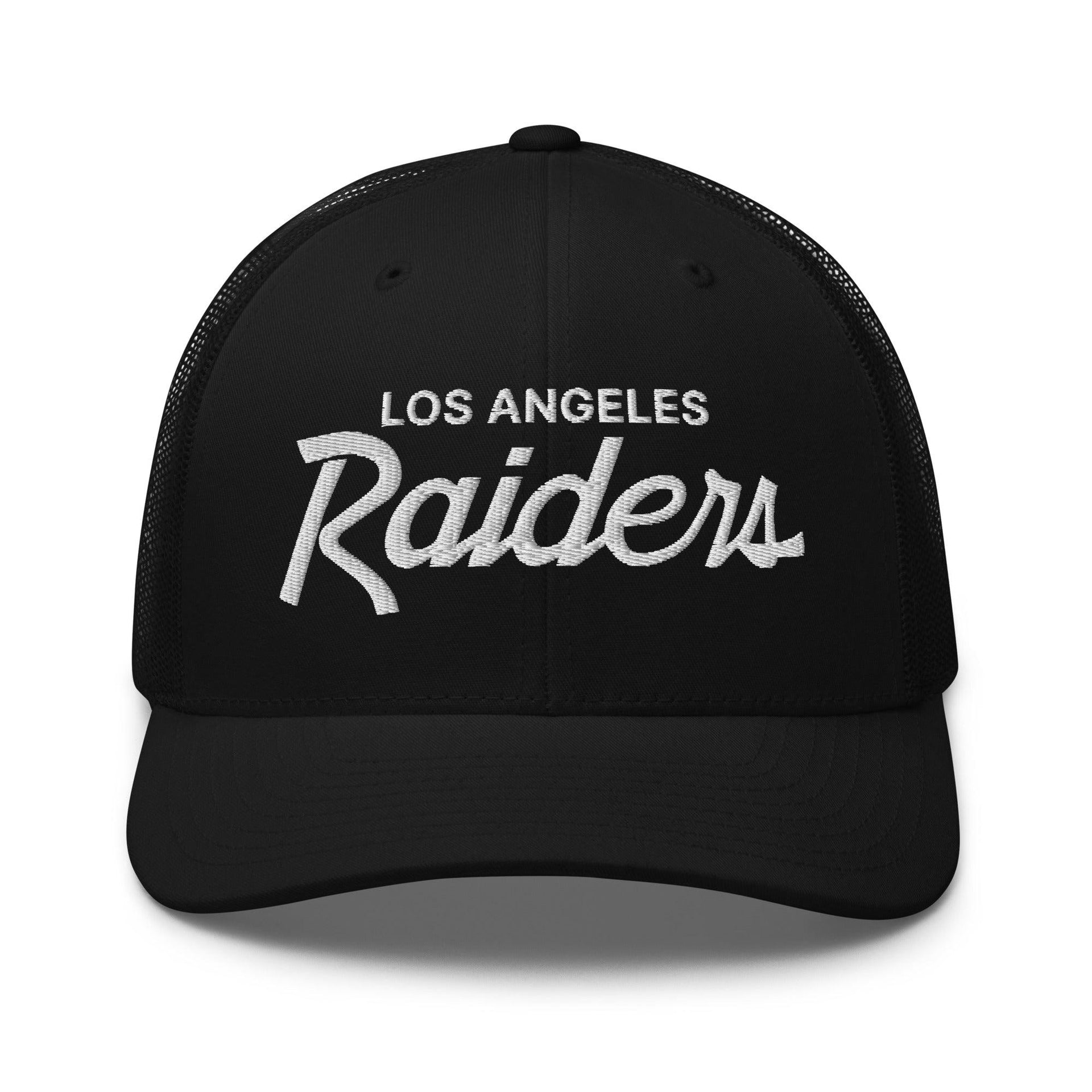 Los Angeles LA Raiders Vintage Sports Script Embroidered Mesh Trucker Hat Black CA Capital Crowns Football Los Angeles Trucker Hats