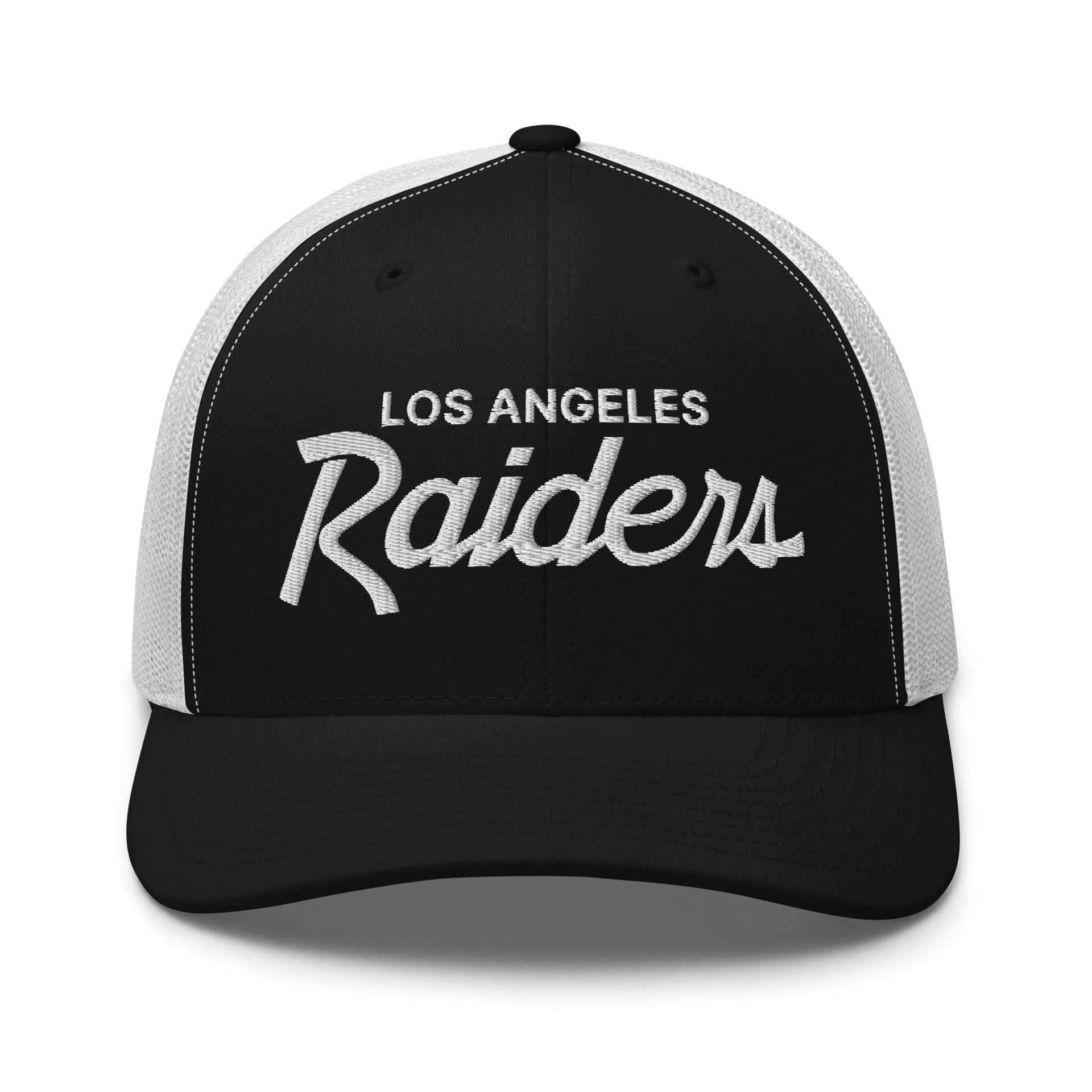 Los Angeles LA Raiders Vintage Sports Script Embroidered Mesh Trucker Hat Black White CA Capital Crowns Football Los Angeles Trucker Hats
