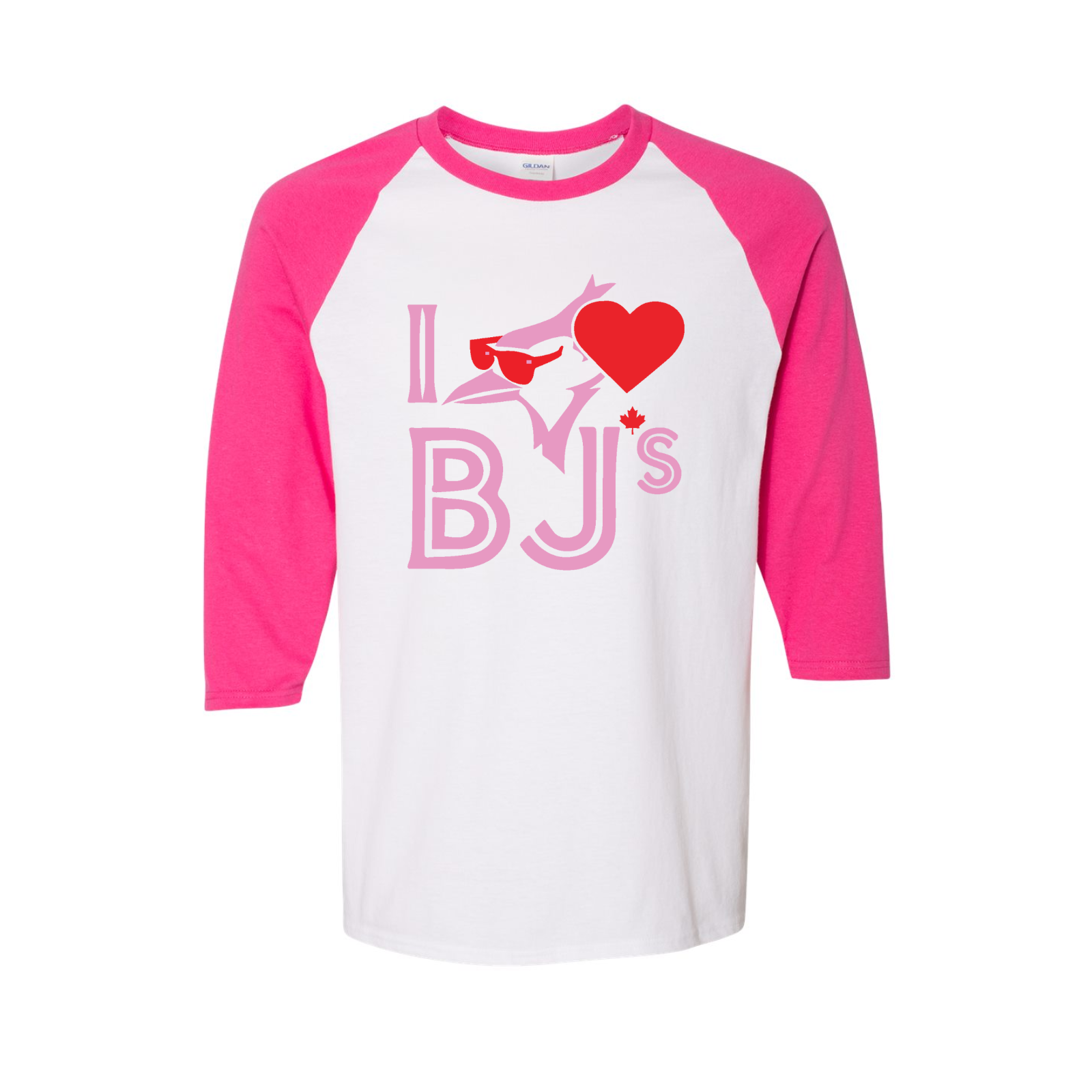 I Love BJs Raglan T-Shirt – Sporty and Bold Sunglasses Design Pink White Bold Sunglasses Design Casual Fashion Shirt I Love BJs T-Shirt Sporty Raglan Tee