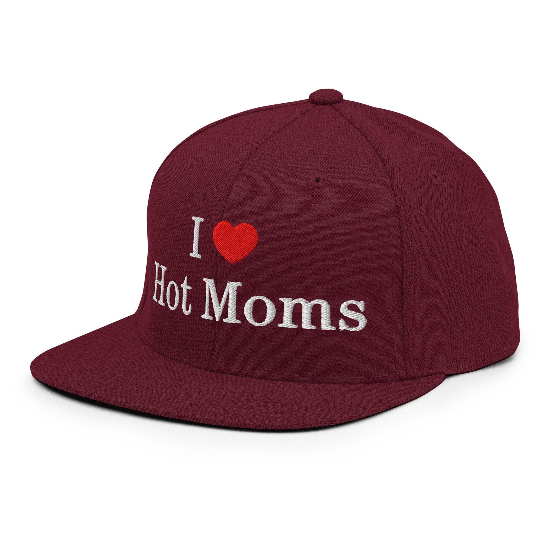 I Love Hot Moms Embroidered Flat Bill Brim Snapback Hat Capital Crowns Funny Snapback Hats